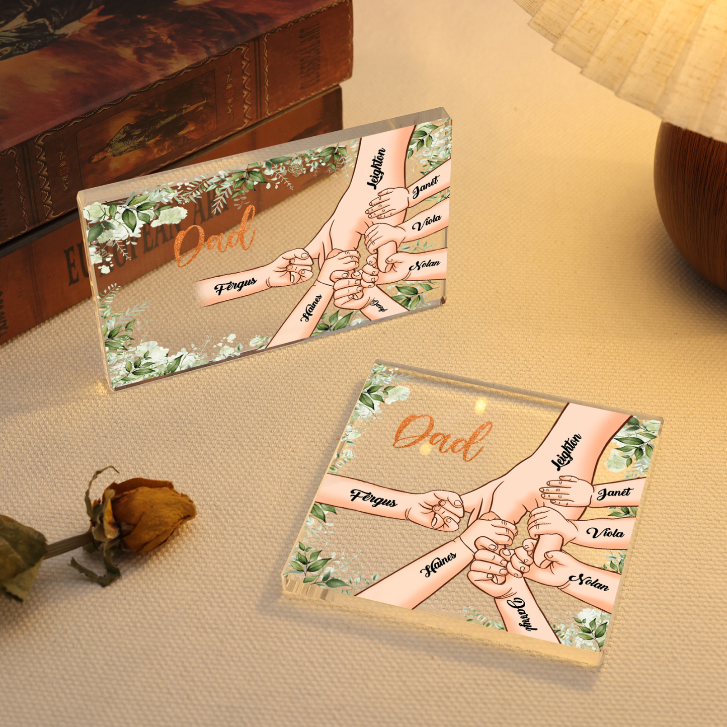 7 Names & 1 Text Personalised Acrylic Plaque for Dad - Custom Holding Hands Style | Jessemade