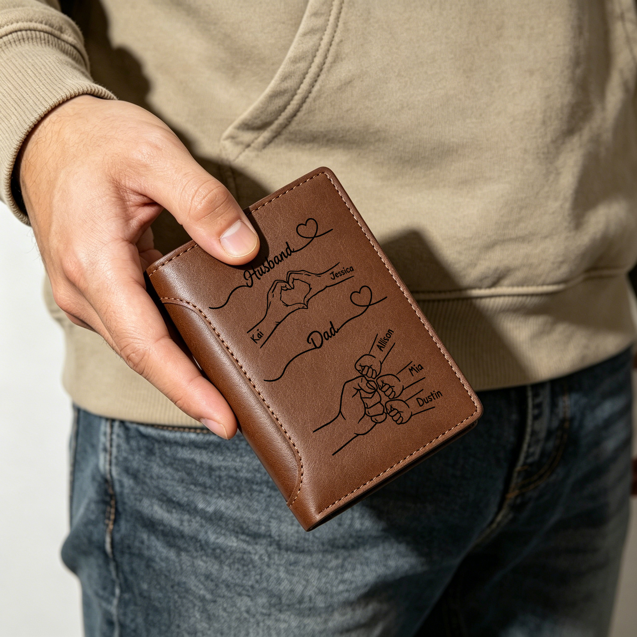 Personalised Dad Wallet with Custom 3-10 Names - “First a Husband, Then a Dad” Gift for Dad | Jessemade