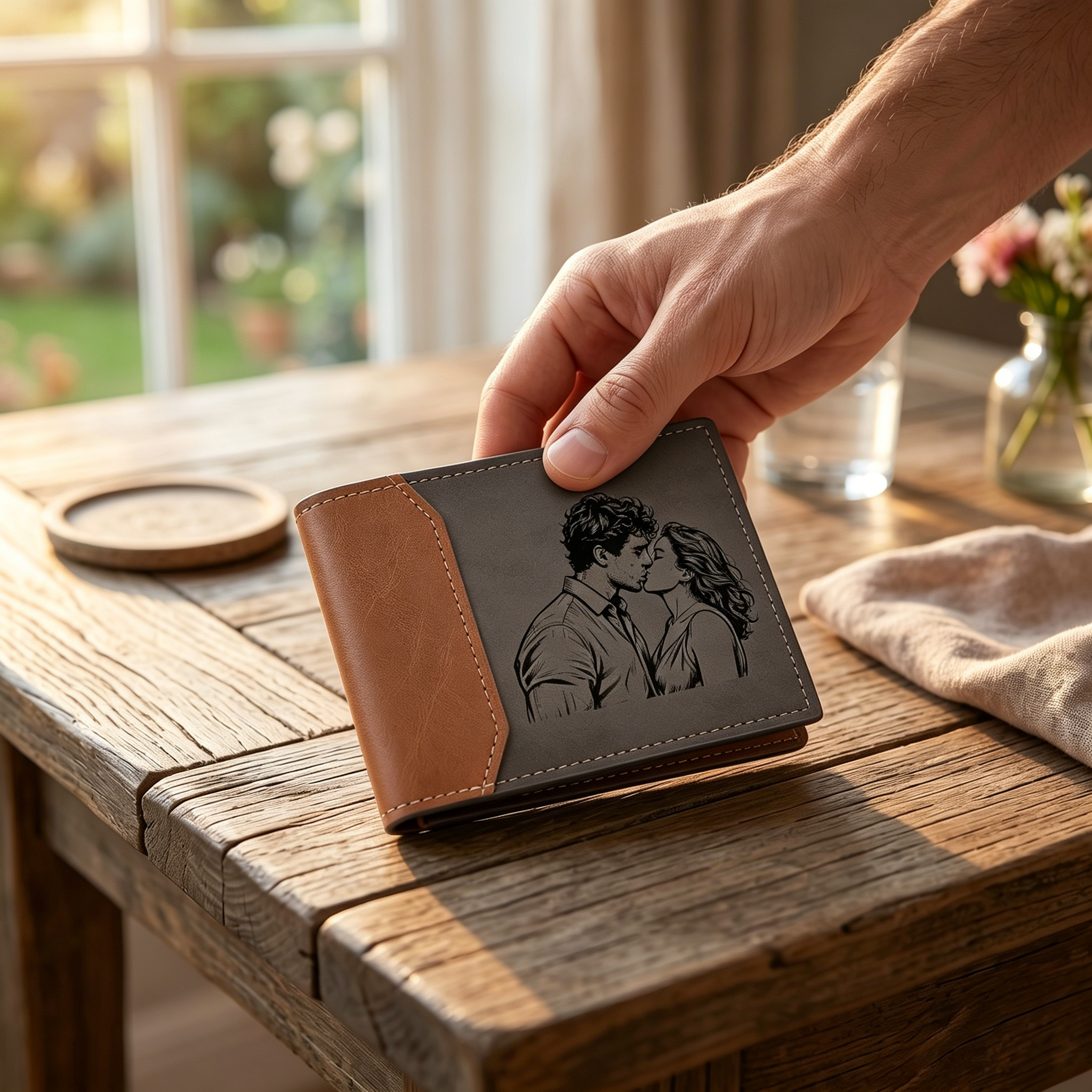 Personalised Name Leather Couple Wallet Engraved Letter And Photo Gift For Him