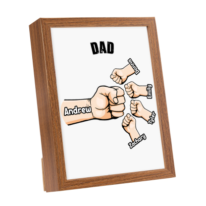 5 Names-Personalized Fist Dad LED Light Wooden Photo Frame -Custom Text & Names, Adjustable 3 Colors