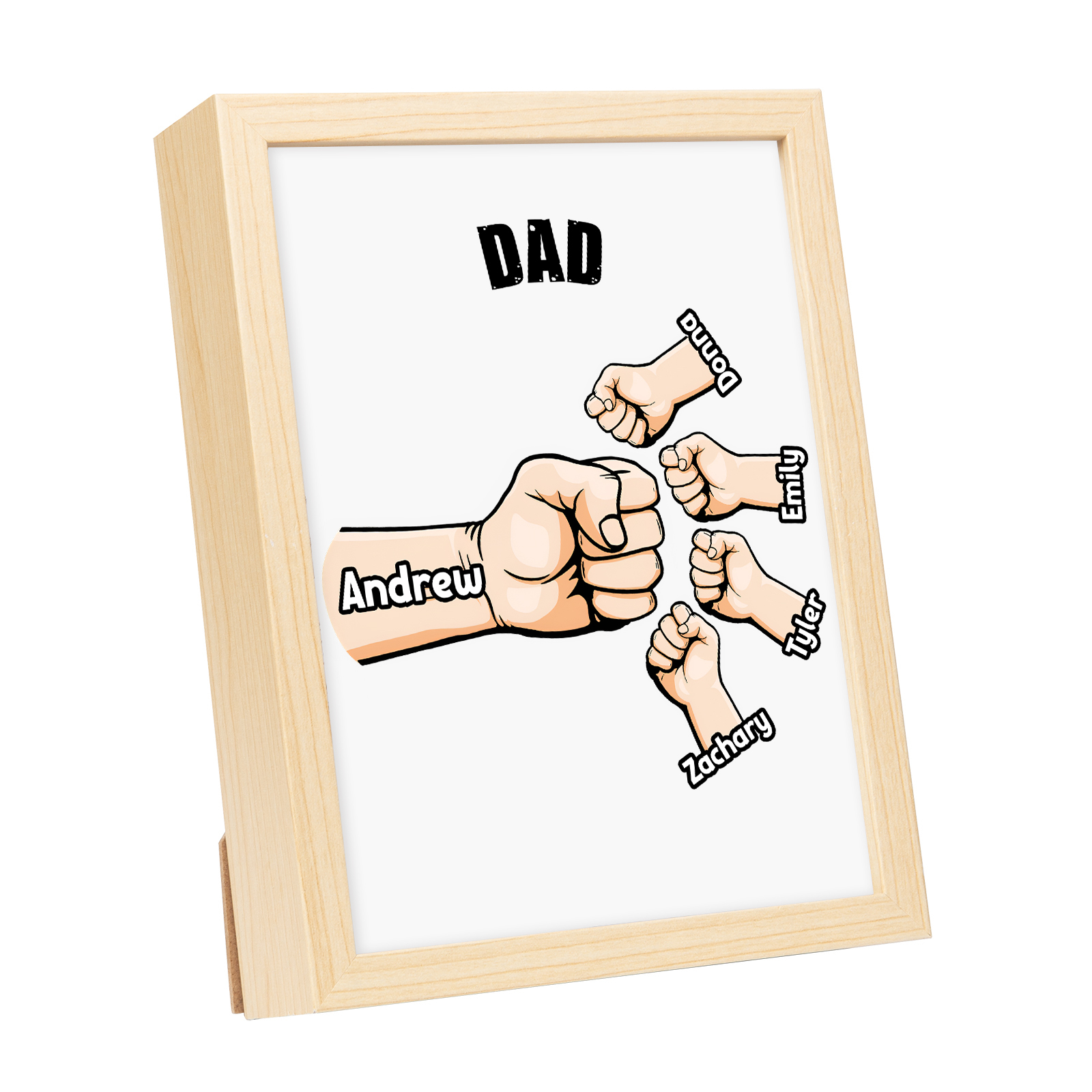5 Names-Personalized Fist Dad LED Light Wooden Photo Frame -Custom Text & Names, Adjustable 3 Colors