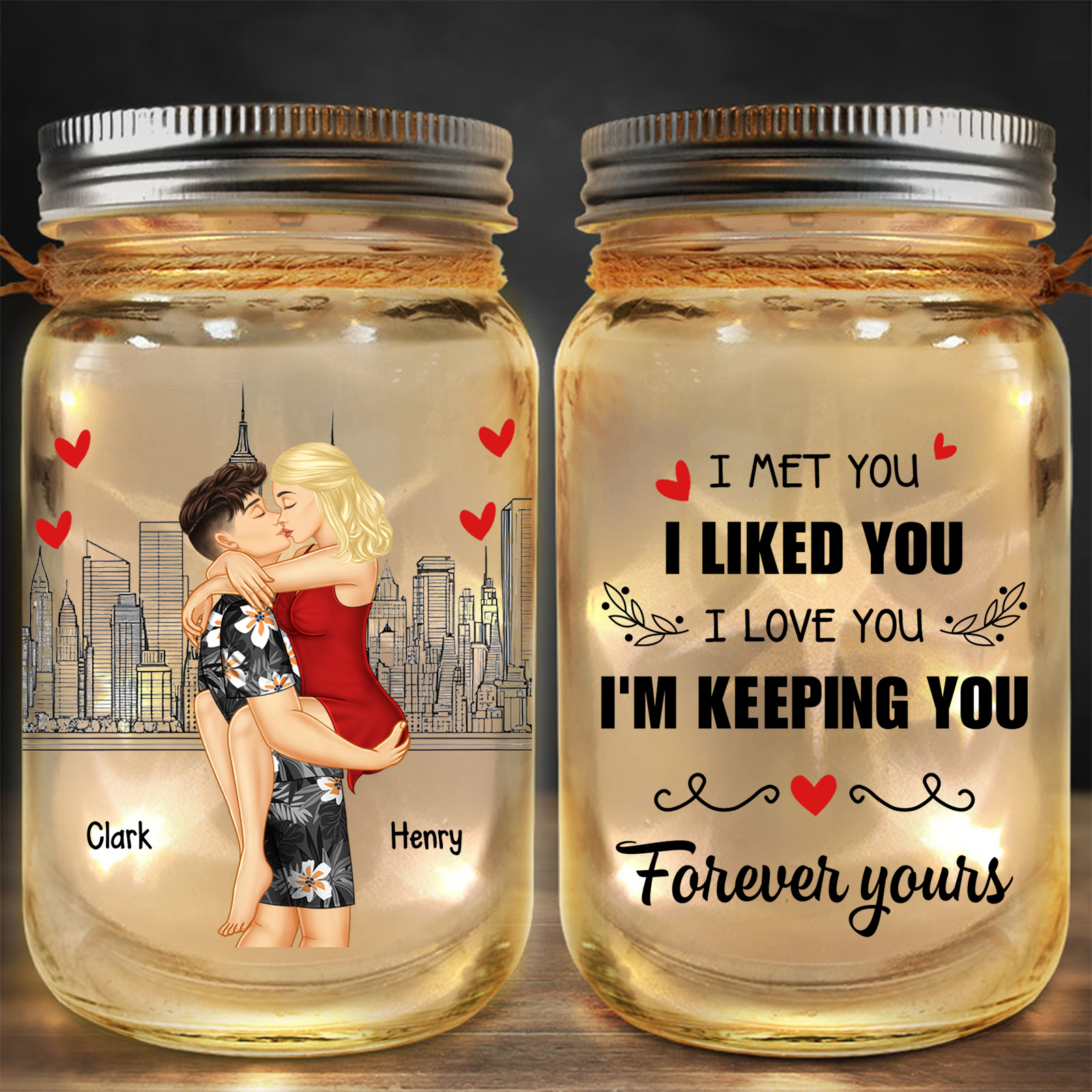 Personalized Mason Jar LightDoll Couple Kissing with 2 Names Romantic 
