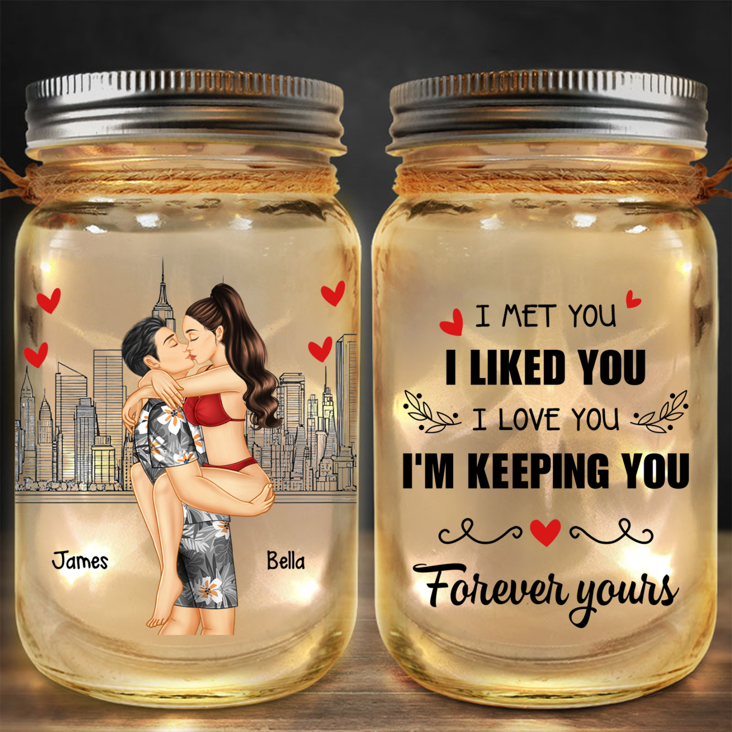 Personalised Mason Jar Light with 2 Names Doll Couple Kissing Valentines Gifts for Him | Jessemade