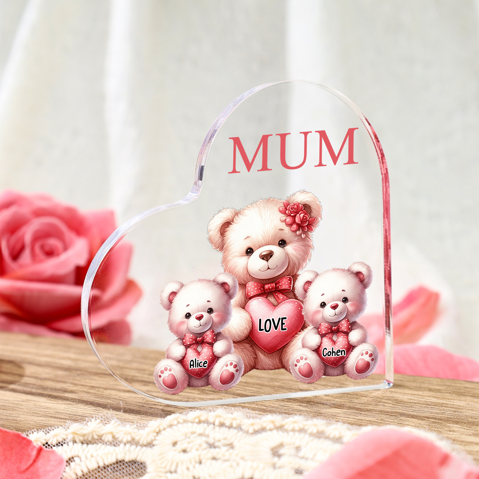 Personalised 2 Names&1Text Bear Heart-Shaped Acrylic Plaque – Custom Family Ornament Gift for Mum/Nan | Jessemade