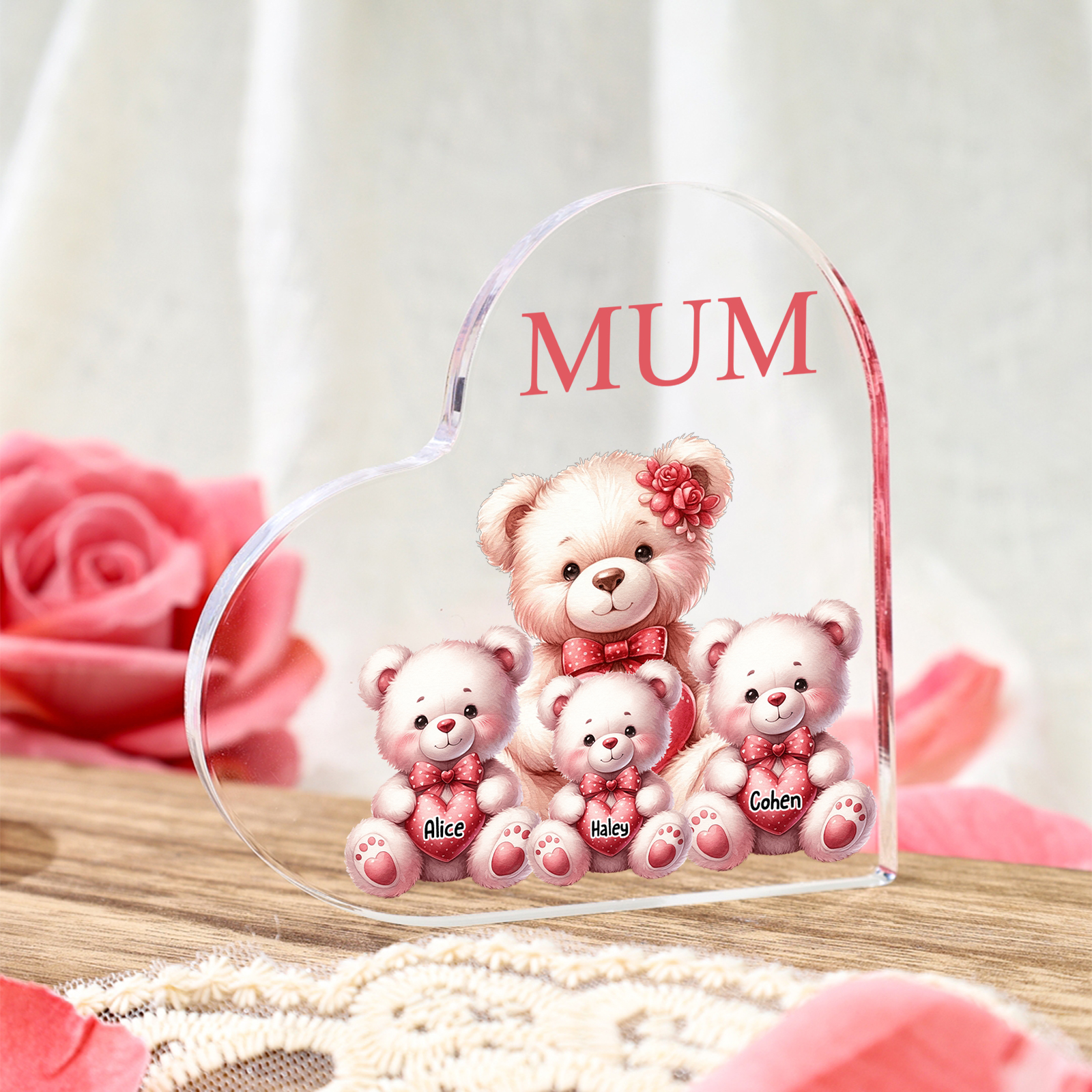 Personalised 3 Names&1Text Bear Heart-Shaped Acrylic Plaque – Custom Family Ornament Gift for Mum/Nan | Jessemade
