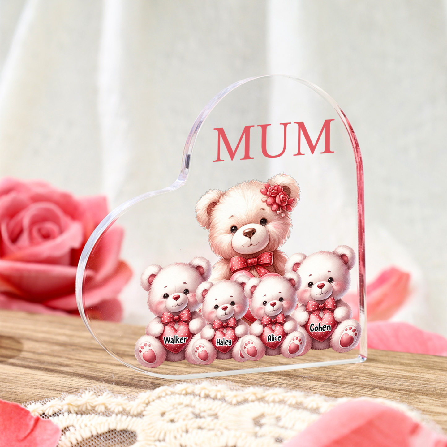 Personalised 4 Names&1Text Bear Heart-Shaped Acrylic Plaque – Custom Family Ornament Gift for Mum/Nan | Jessemade