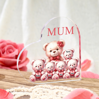 Personalised 5 Names&1Text Bear Heart-Shaped Acrylic Plaque – Custom Family Ornament Gift for Mum/Nan | Jessemade