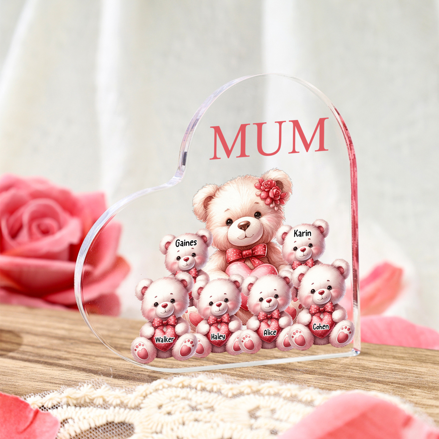 Personalised 6 Names&1Text Bear Heart-Shaped Acrylic Plaque – Custom Family Ornament Gift for Mum/Nan | Jessemade