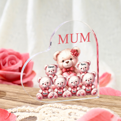 Personalised 6 Names&1Text Bear Heart-Shaped Acrylic Plaque – Custom Family Ornament Gift for Mum/Nan | Jessemade