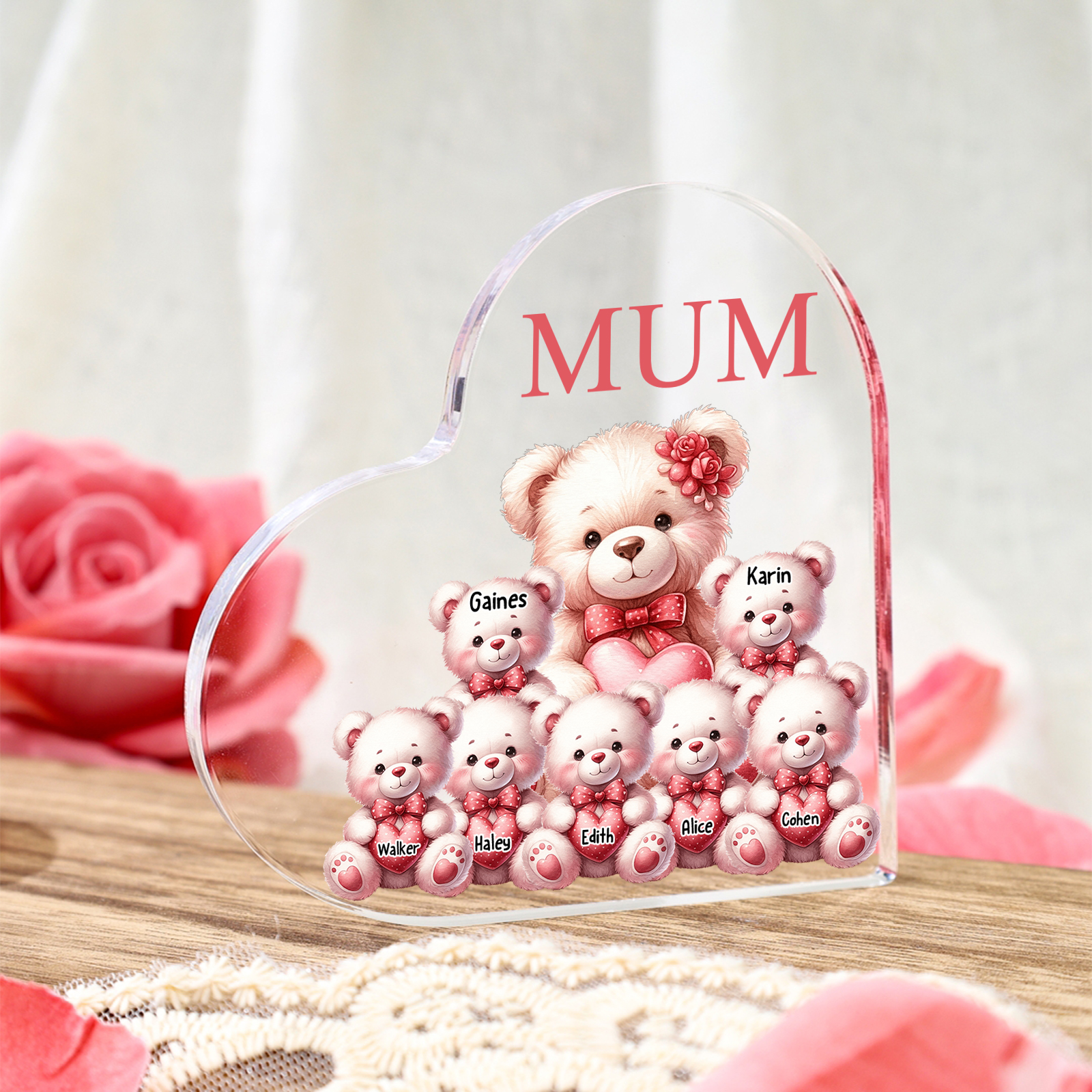 Personalised 7 Names&1Text Bear Heart-Shaped Acrylic Plaque – Custom Family Ornament Gift for Mum/Nan | Jessemade