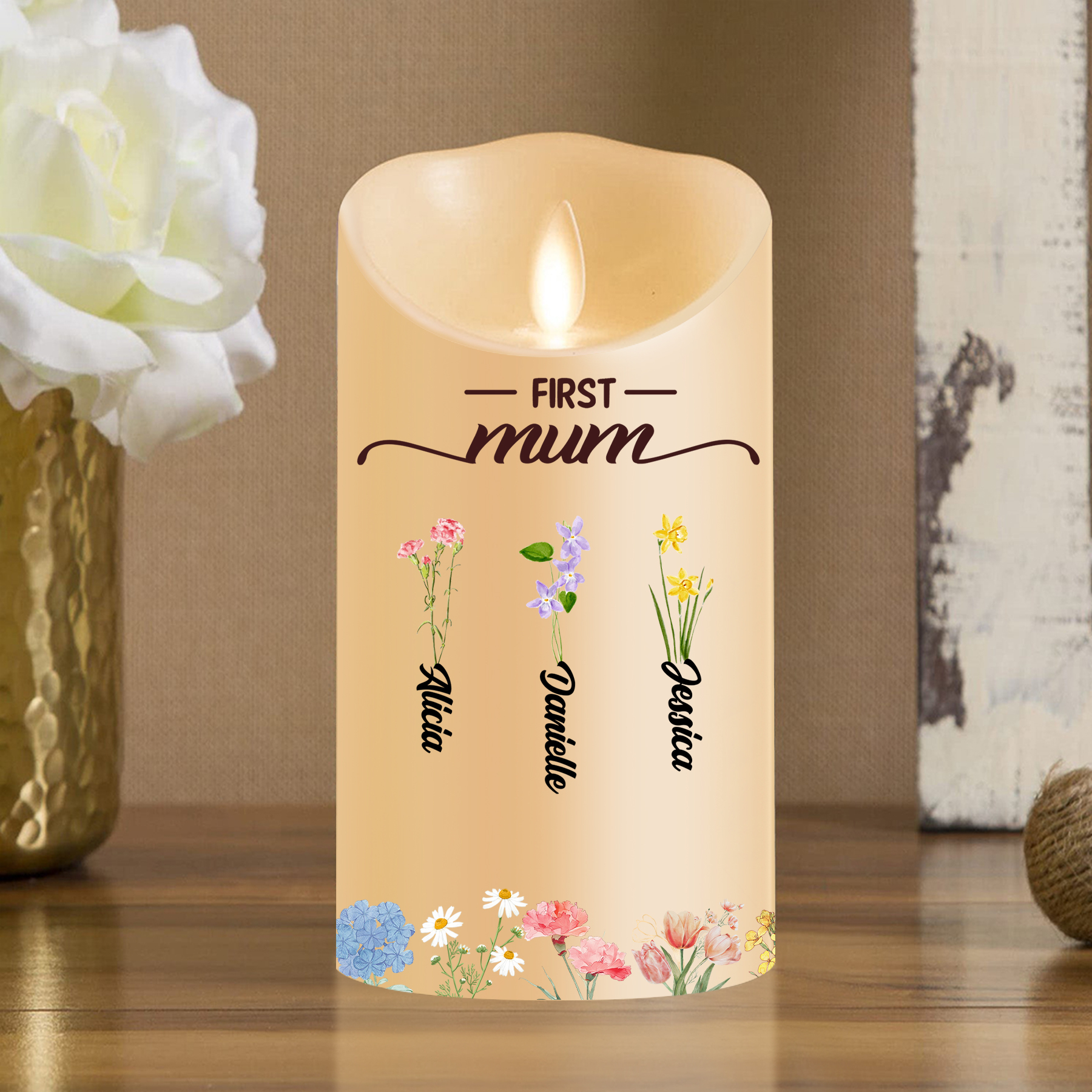 Custom Birth Flower LED Candle – Personalised Gift for Mum or Grandma with Kids’ Names | Jessemade