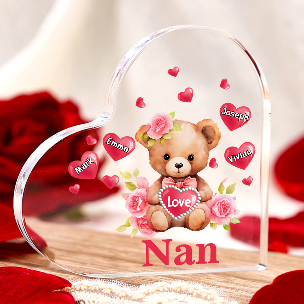 4 Names-Personalized Bear Acrylic Heart Keepsake Custom Text Acrylic Plaque Ornaments Gifts for Nan