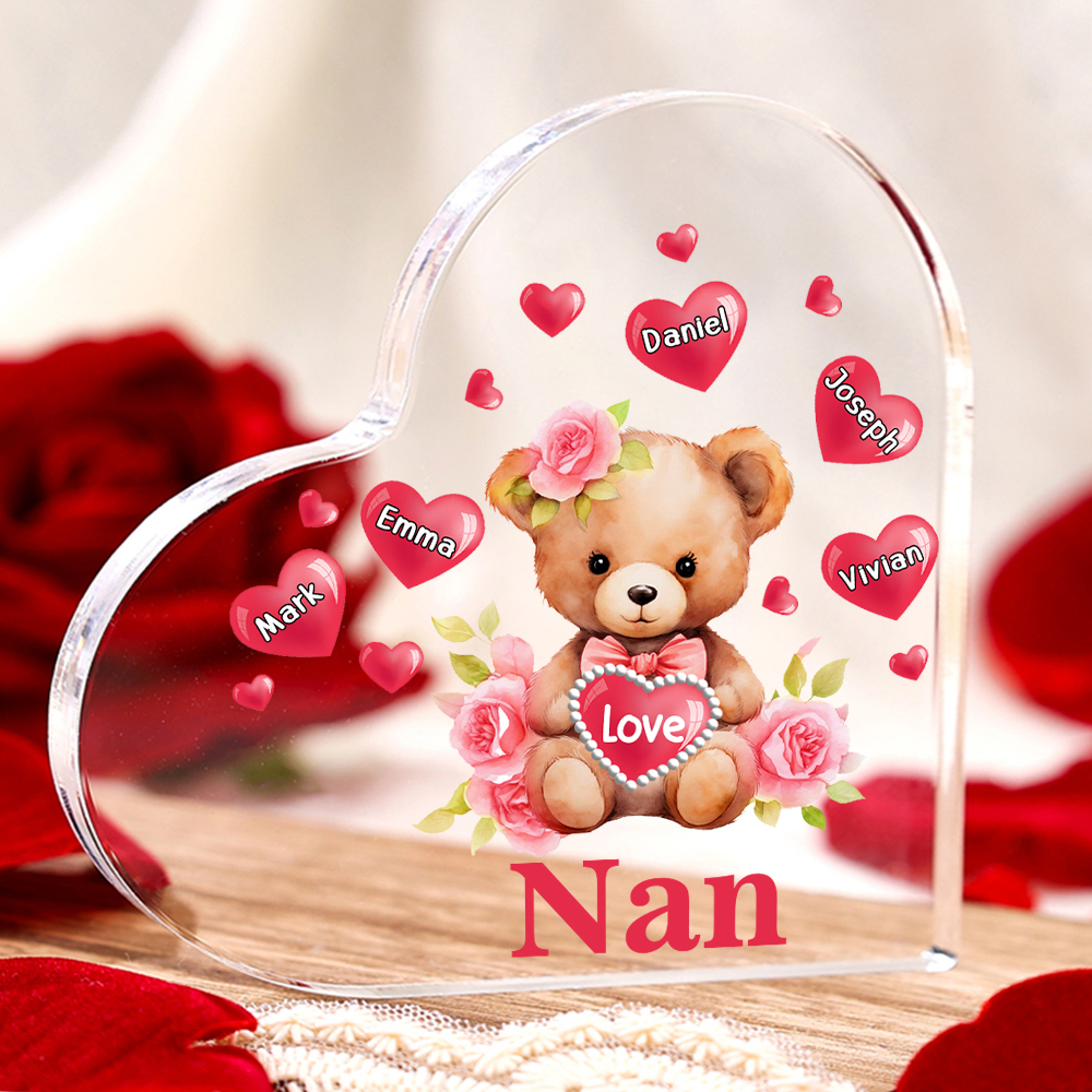 5 Names-Personalized Bear Acrylic Heart Keepsake Custom Text Acrylic Plaque Ornaments Gifts for Nan