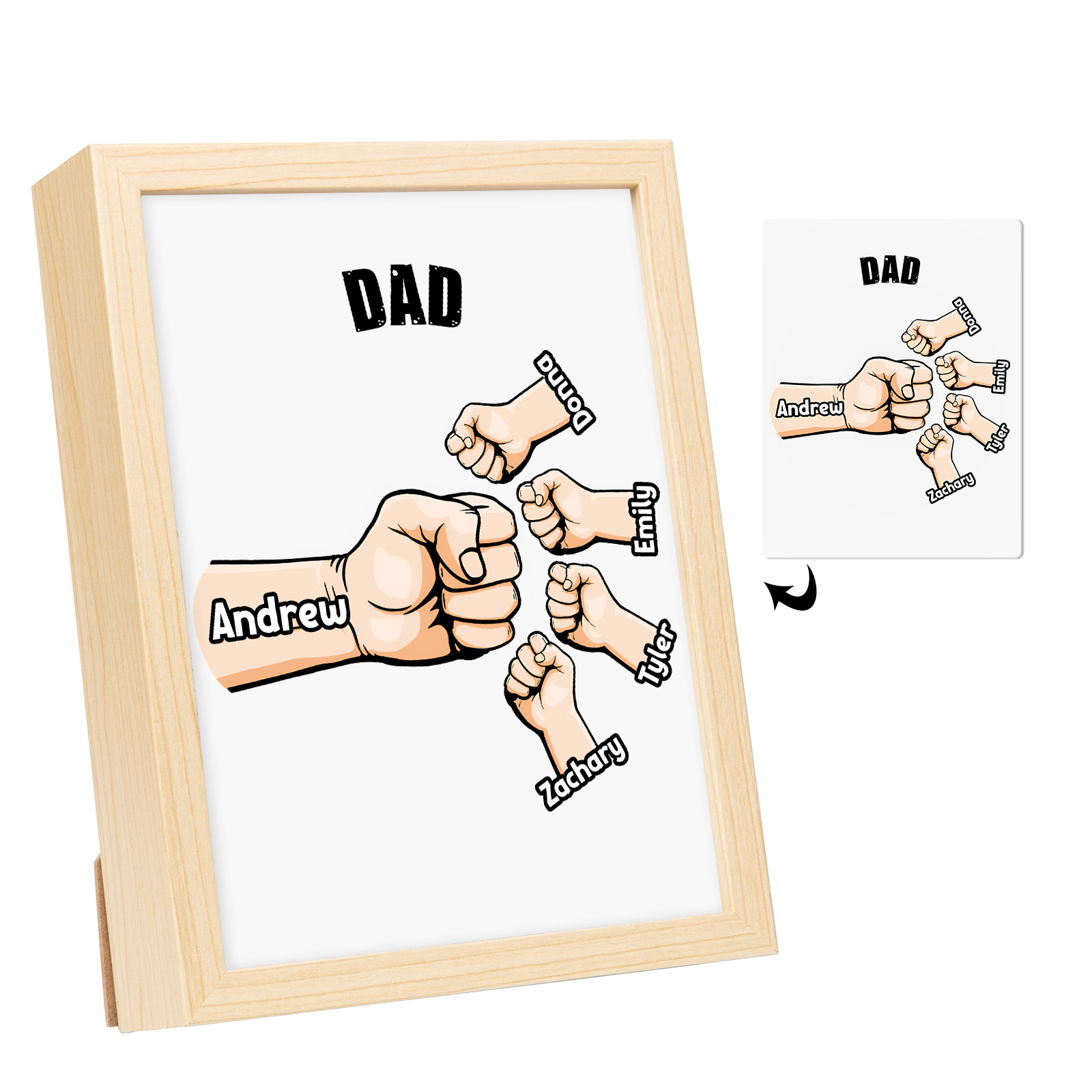 5 Names-Personalized Fist Dad LED Light Wooden Photo Frame -Custom Text & Names, Adjustable 3 Colors