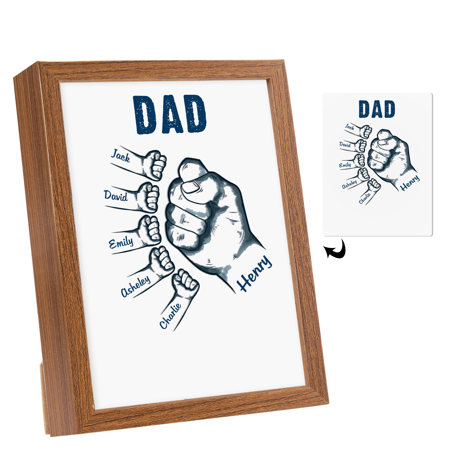 6 Names-Personalized Dad LED Light Fist Wooden Photo Frame -Custom Text & Names, Adjustable 3 Colors