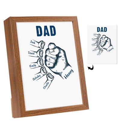 6 Names-Personalized Dad LED Light Fist Wooden Photo Frame -Custom Text & Names, Adjustable 3 Colors