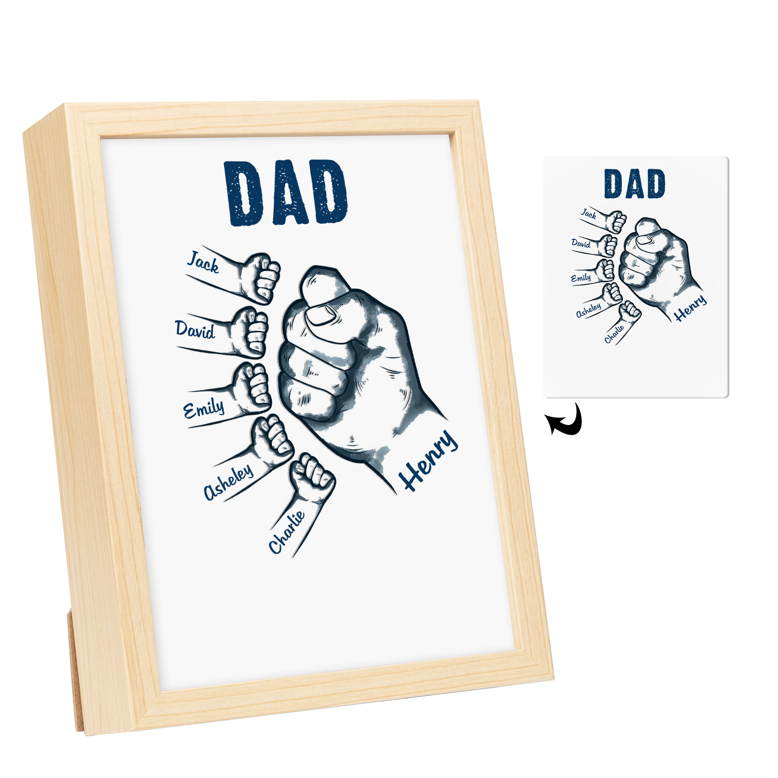 6 Names-Personalized Dad LED Light Fist Wooden Photo Frame -Custom Text & Names, Adjustable 3 Colors