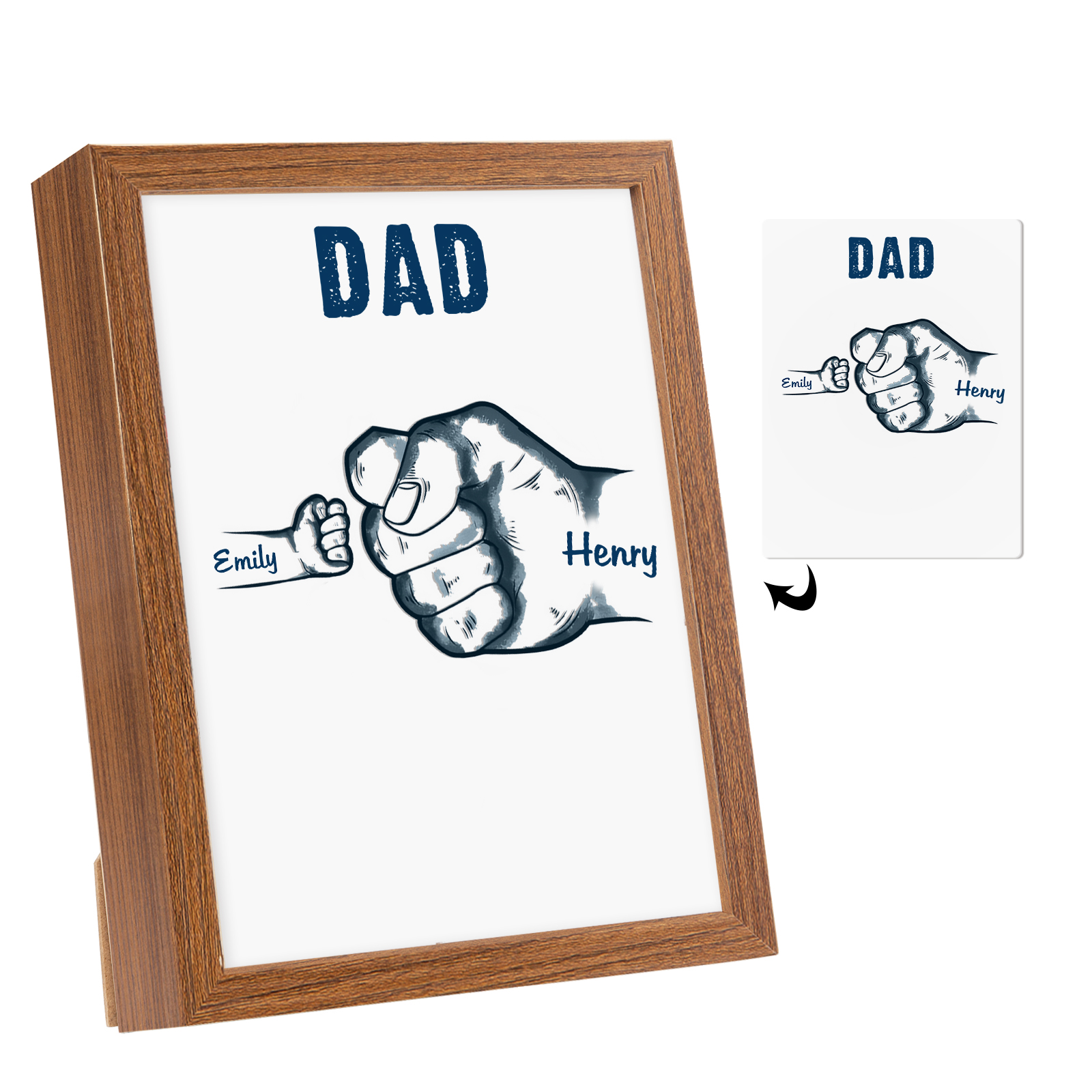 2 Names-Personalized Dad LED Light Fist Wooden Photo Frame -Custom Text & Names, Adjustable 3 Colors