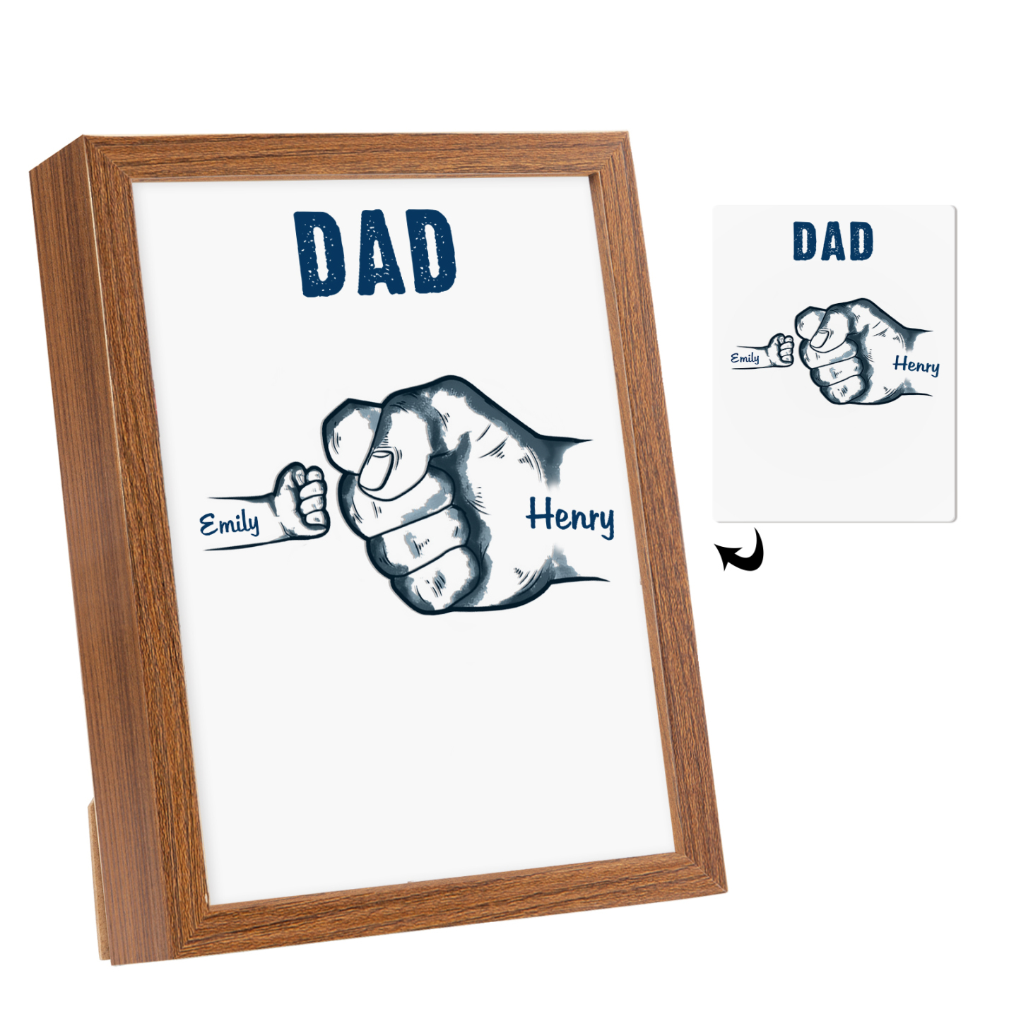 2 Names-Personalized Dad LED Light Fist Wooden Photo Frame -Custom Text & Names, Adjustable 3 Colors