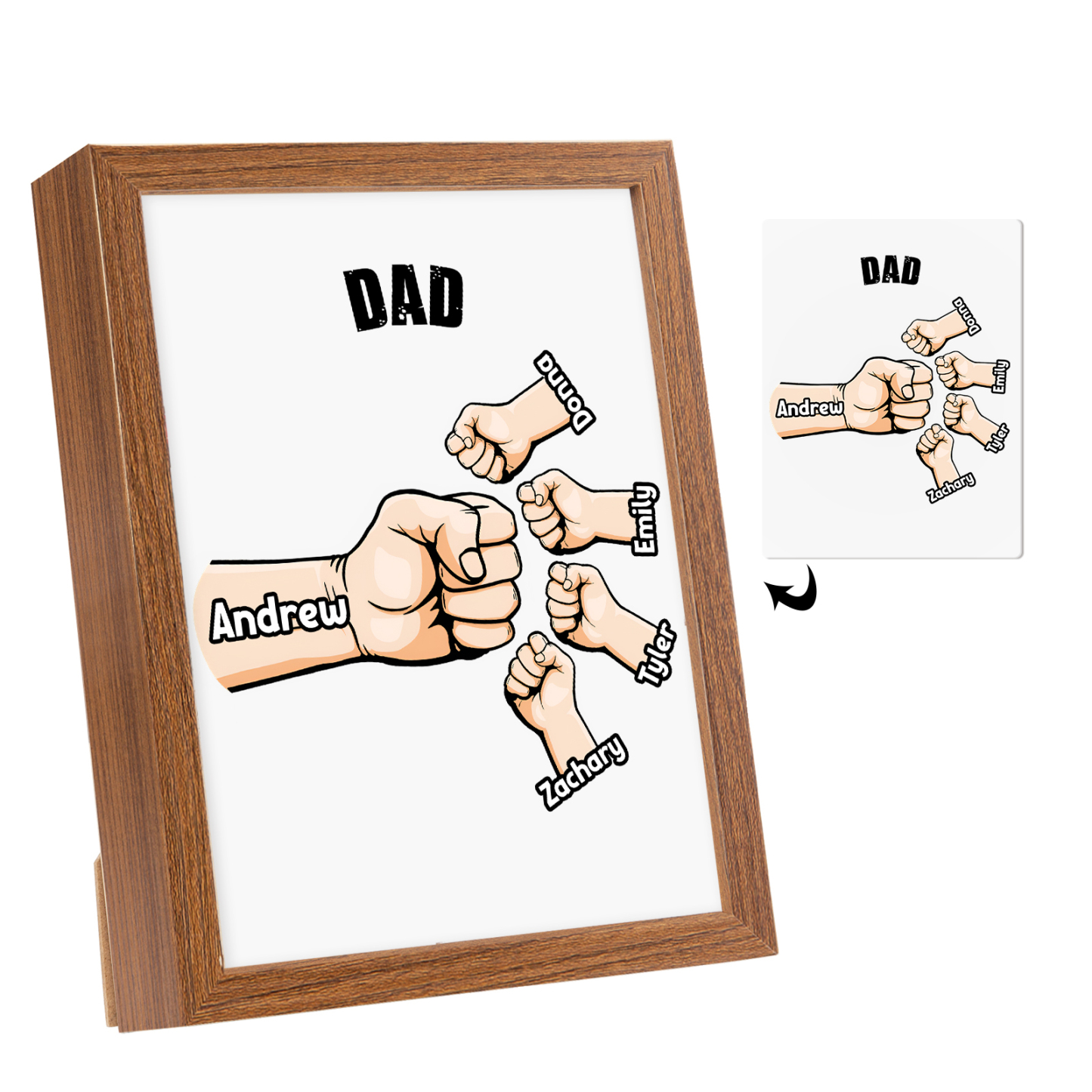 5 Names-Personalized Fist Dad LED Light Wooden Photo Frame -Custom Text & Names, Adjustable 3 Colors
