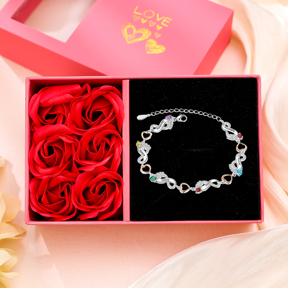 Personalised Baby Feet Bracelet Custom 6 Birthstones Set With Rose Gift Box Heart Bracelet Gifts For Women