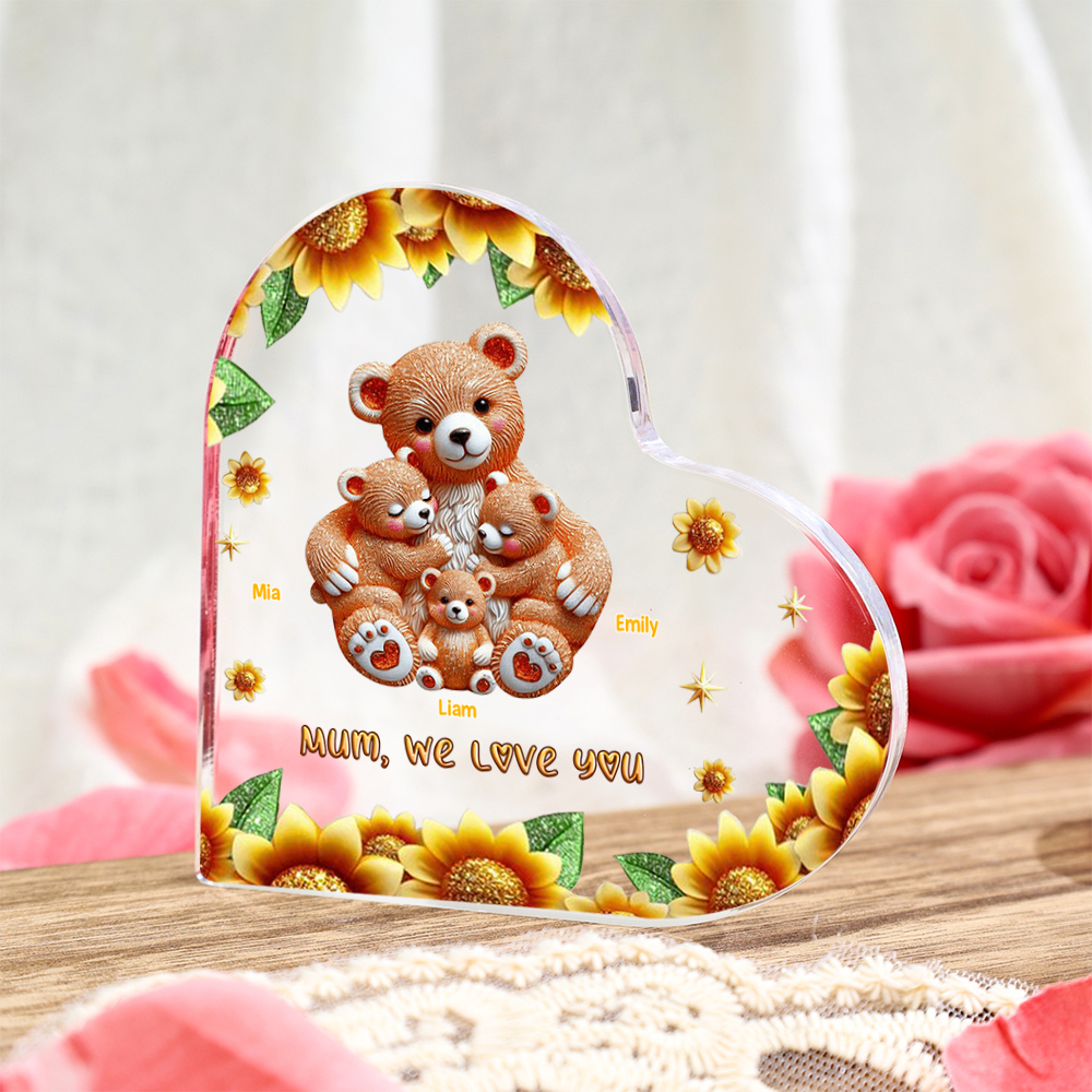 Personalised Heart-Shaped Acrylic Plaque – Custom Engraved Bear Family Gift for Mum | Jessemade