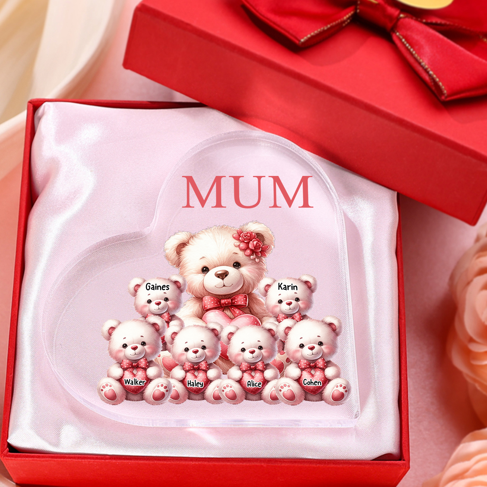 Personalised 6 Names&1Text Bear Heart-Shaped Acrylic Plaque – Custom Family Ornament Gift for Mum/Nan | Jessemade