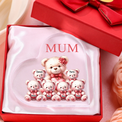 Personalised 6 Names&1Text Bear Heart-Shaped Acrylic Plaque – Custom Family Ornament Gift for Mum/Nan | Jessemade