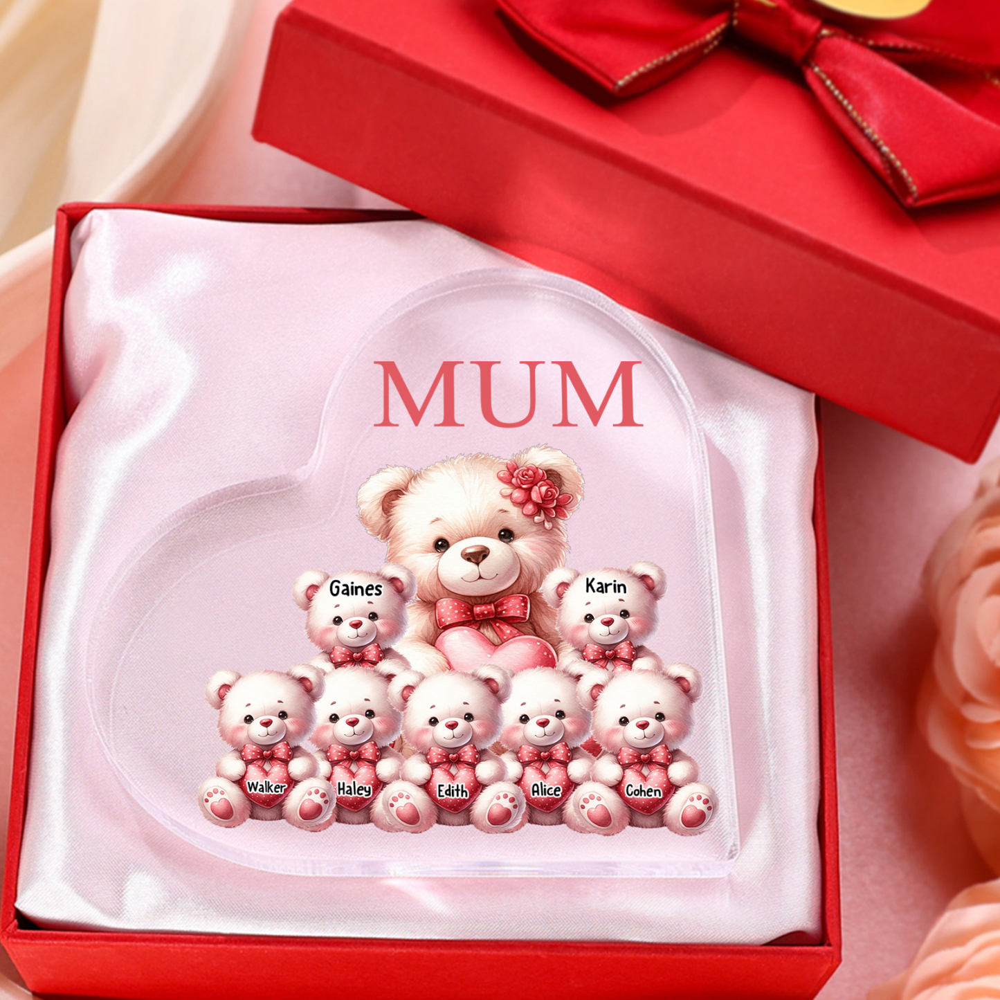 Personalised 7 Names&1Text Bear Heart-Shaped Acrylic Plaque – Custom Family Ornament Gift for Mum/Nan | Jessemade