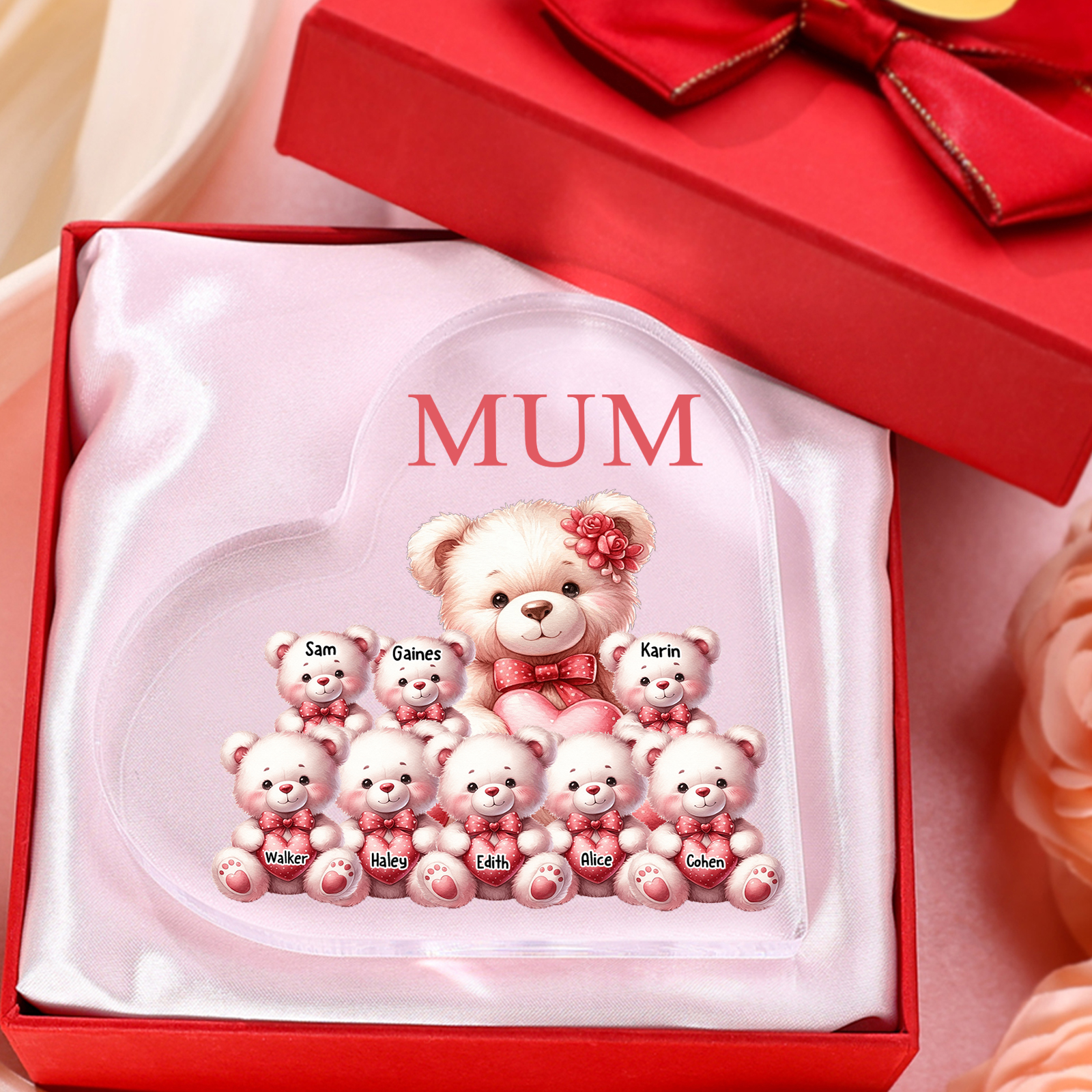 Personalised 8 Names&1Text Bear Heart-Shaped Acrylic Plaque – Custom Family Ornament Gift for Mum/Nan | Jessemade