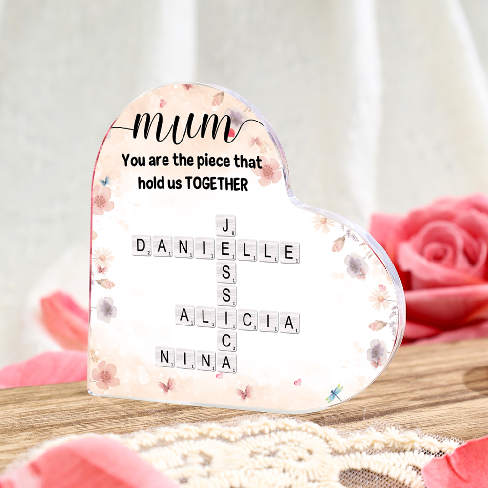 Personalised Heart-Shaped Acrylic Plaque, Custom Name Crossword Gift for Mum | Jessemade