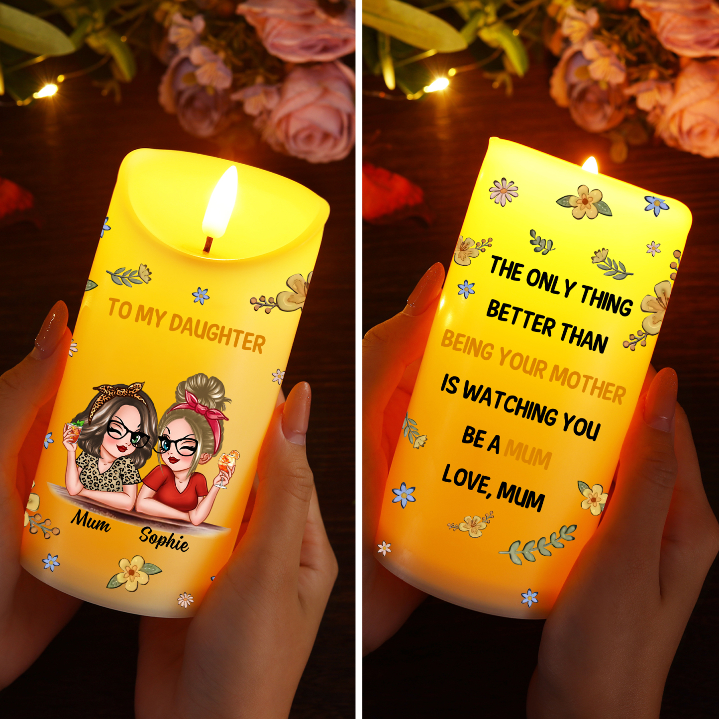 Personalised LED Candle from Mum to Daughter – Custom Names with Heartfelt Message | Jessemade