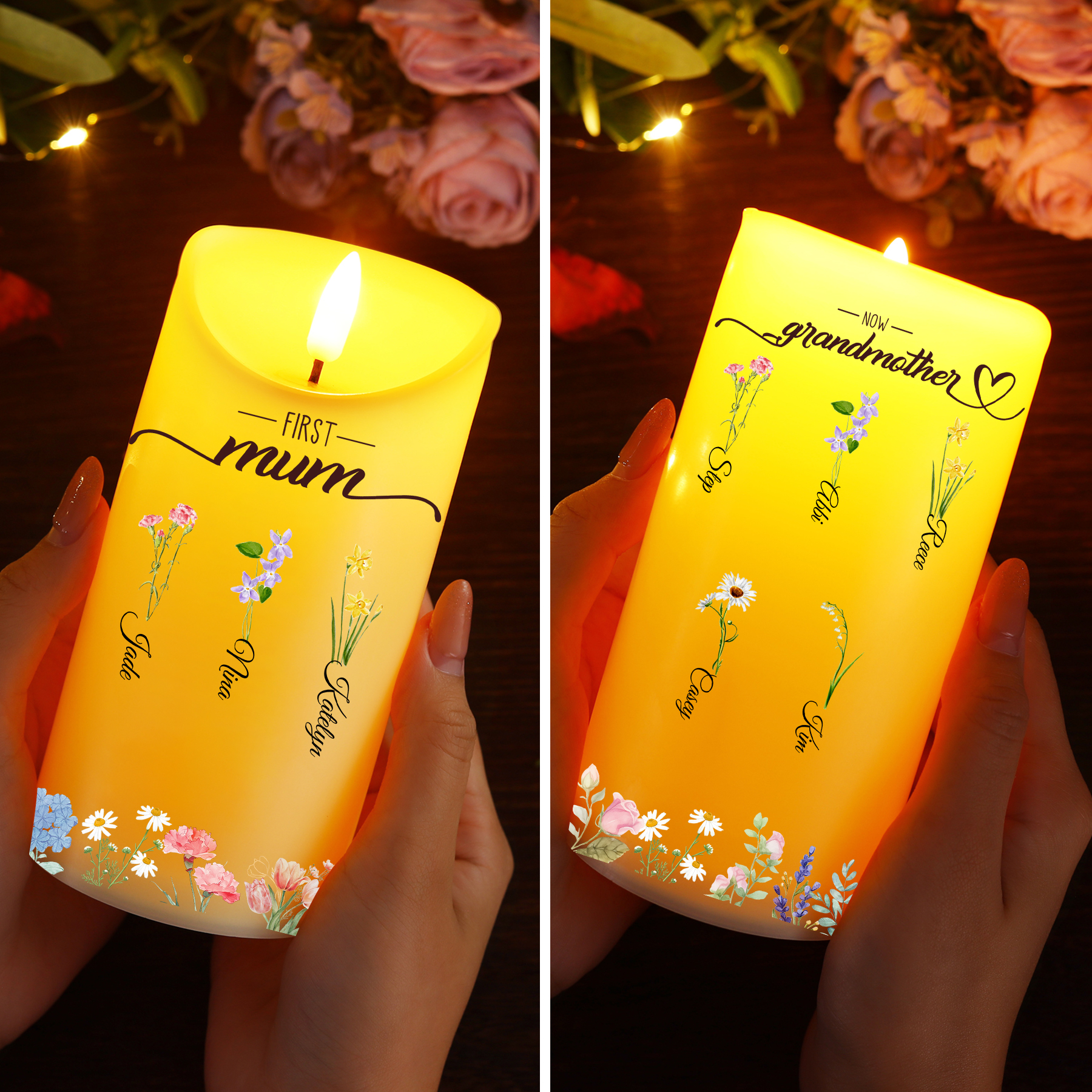 Custom Birth Flower LED Candle – Personalised Gift for Mum or Grandma with Kids’ Names | Jessemade