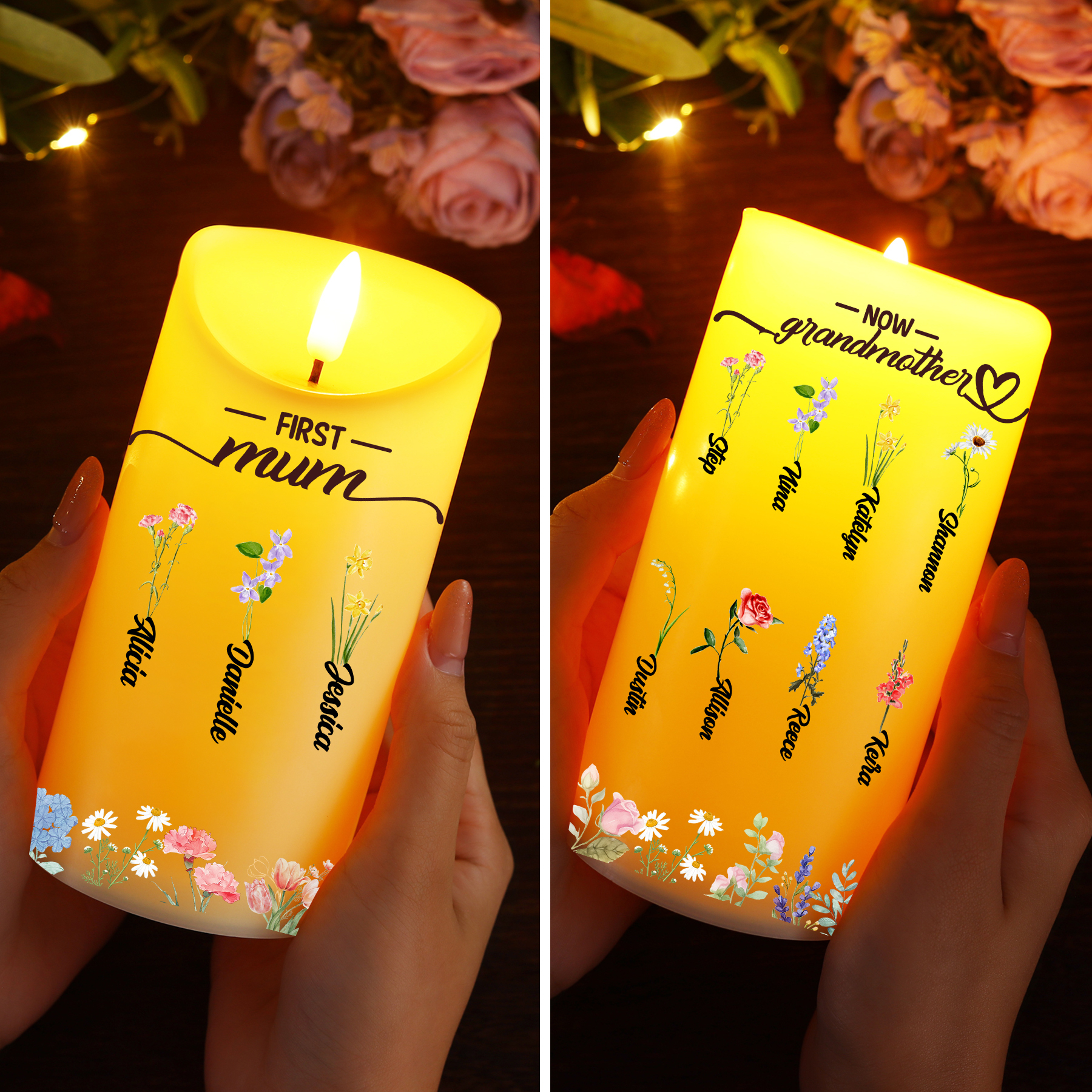 Custom Birth Flower LED Candle – Personalised Gift for Mum or Grandma with Kids’ Names | Jessemade