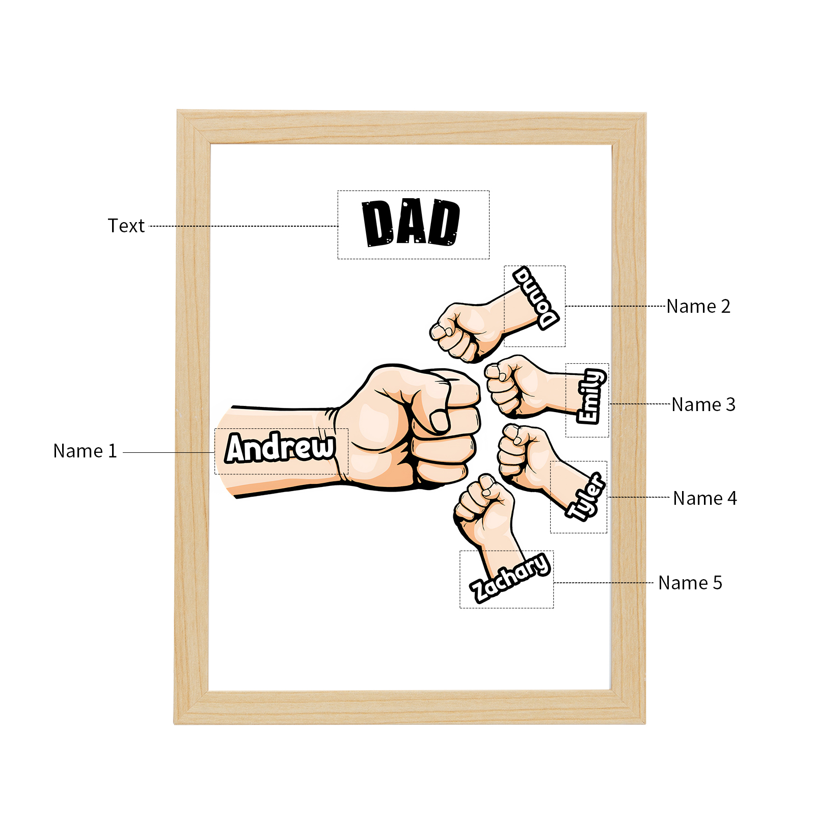 5 Names-Personalized Fist Dad LED Light Wooden Photo Frame -Custom Text & Names, Adjustable 3 Colors