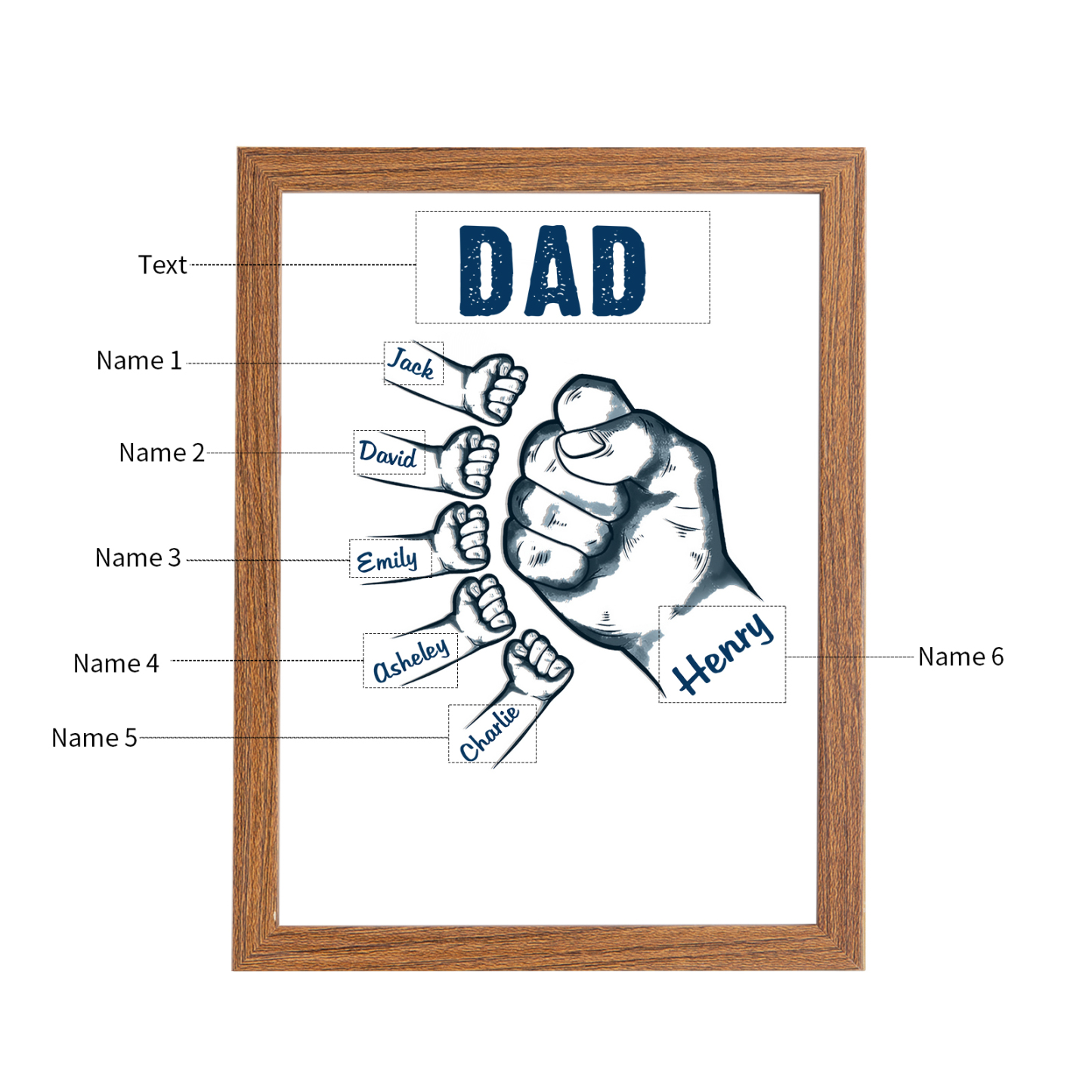 6 Names-Personalized Dad LED Light Fist Wooden Photo Frame -Custom Text & Names, Adjustable 3 Colors