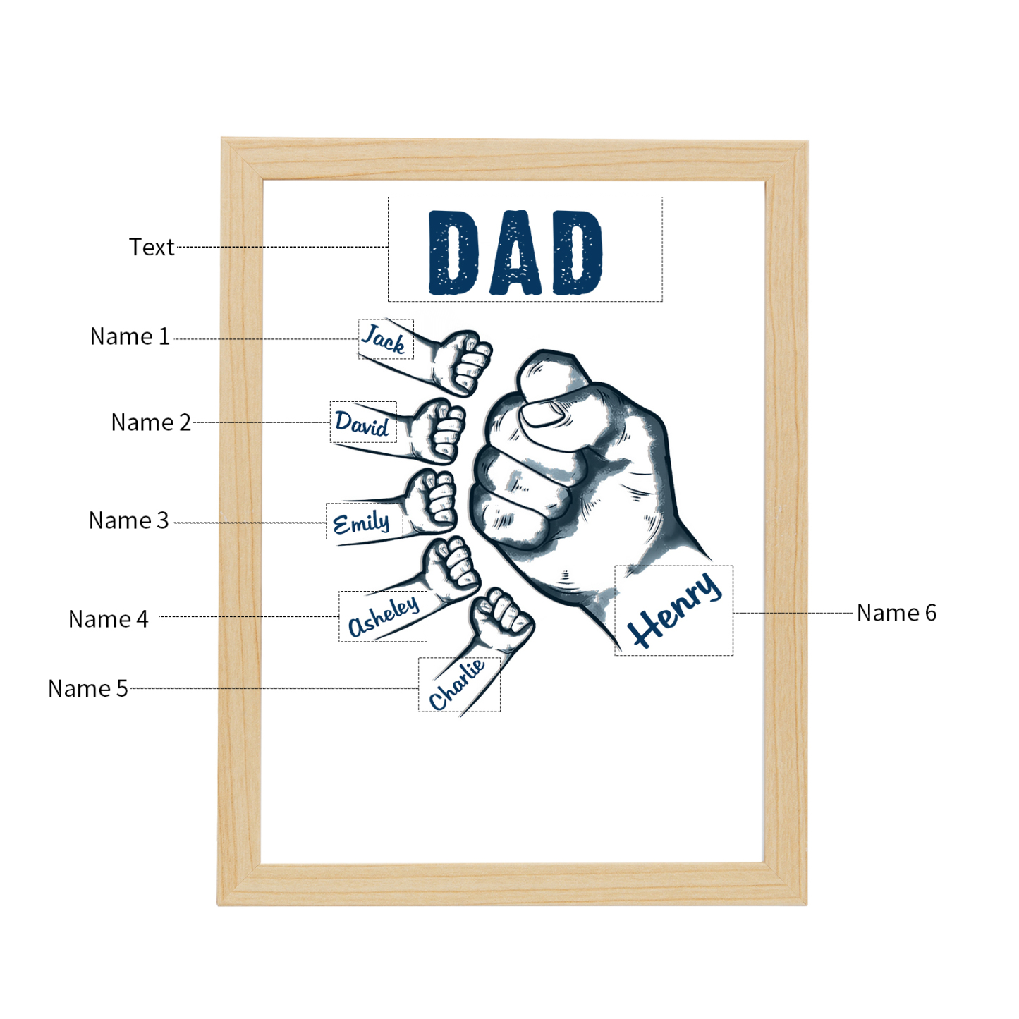 6 Names-Personalized Dad LED Light Fist Wooden Photo Frame -Custom Text & Names, Adjustable 3 Colors