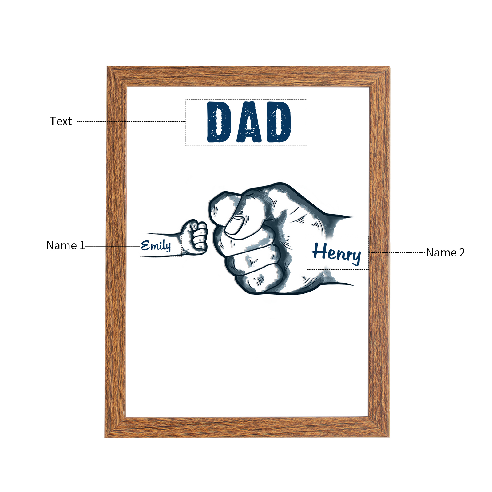 2 Names-Personalized Dad LED Light Fist Wooden Photo Frame -Custom Text & Names, Adjustable 3 Colors