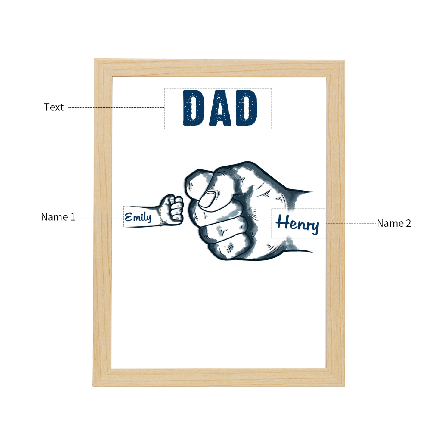 2 Names-Personalized Dad LED Light Fist Wooden Photo Frame -Custom Text & Names, Adjustable 3 Colors