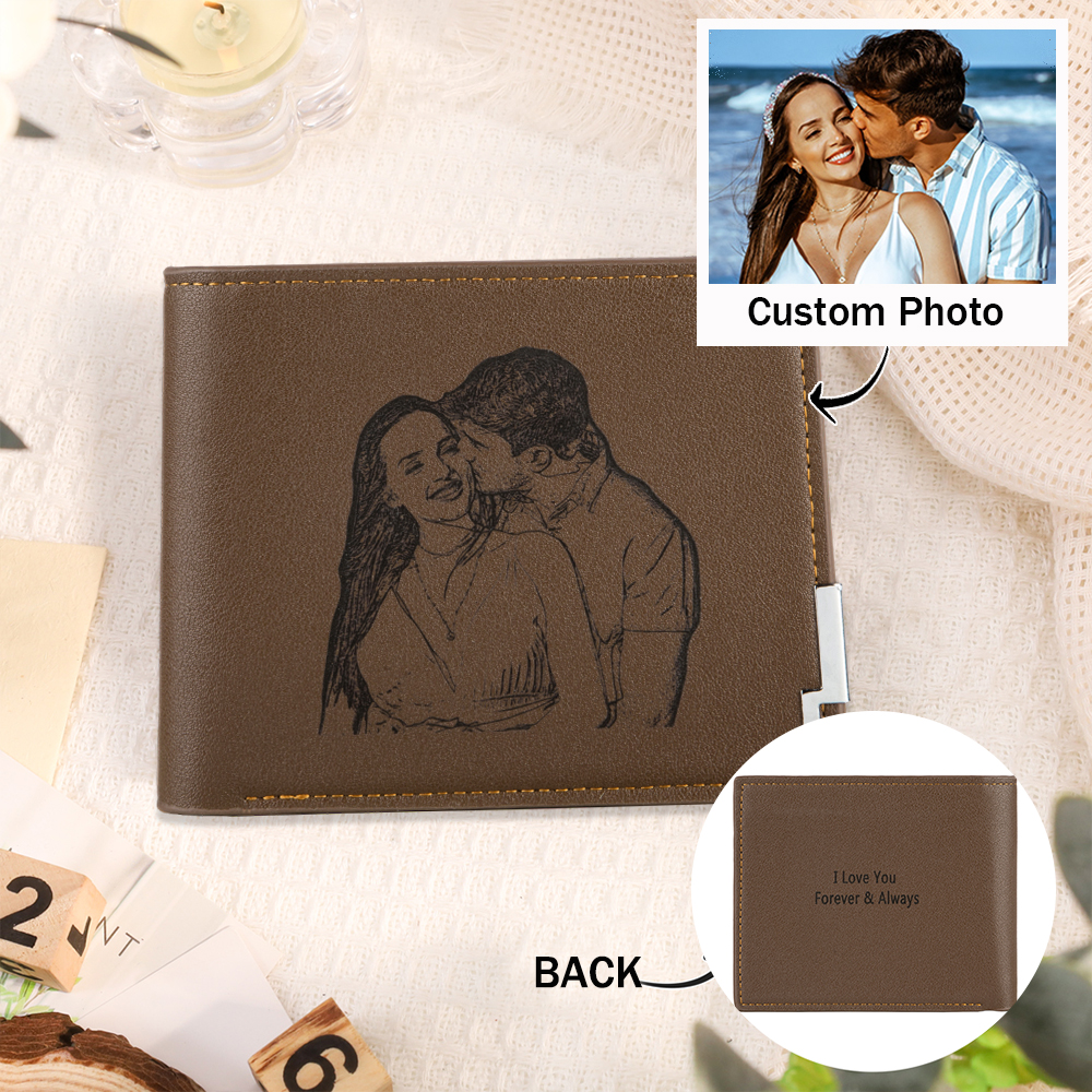 Personalised Leather Wallet Engraved Photo Folding Wallet Short  Love Gifts For Him