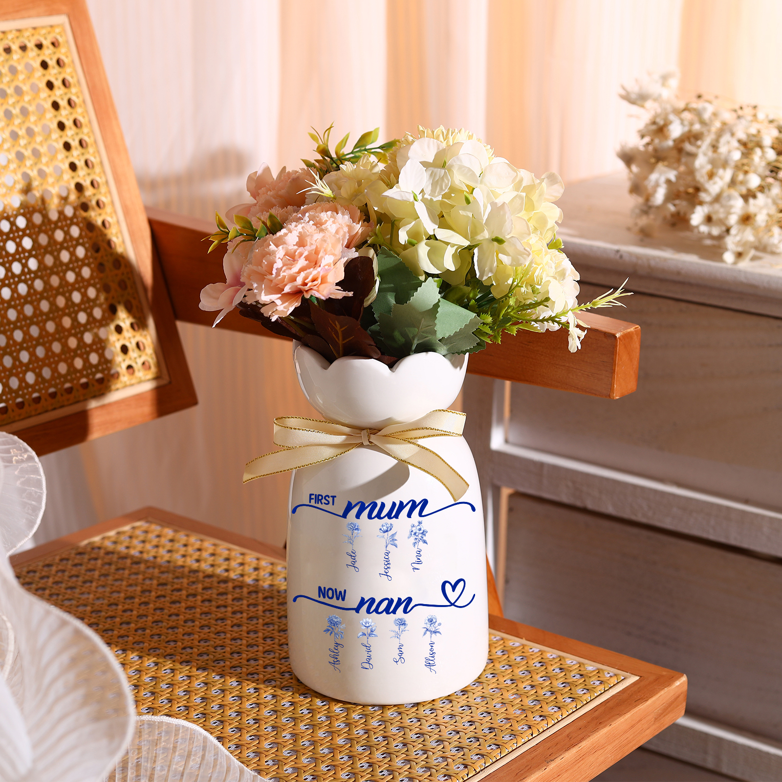 Personalised Scalloped Ceramic Vase, Blue Floral