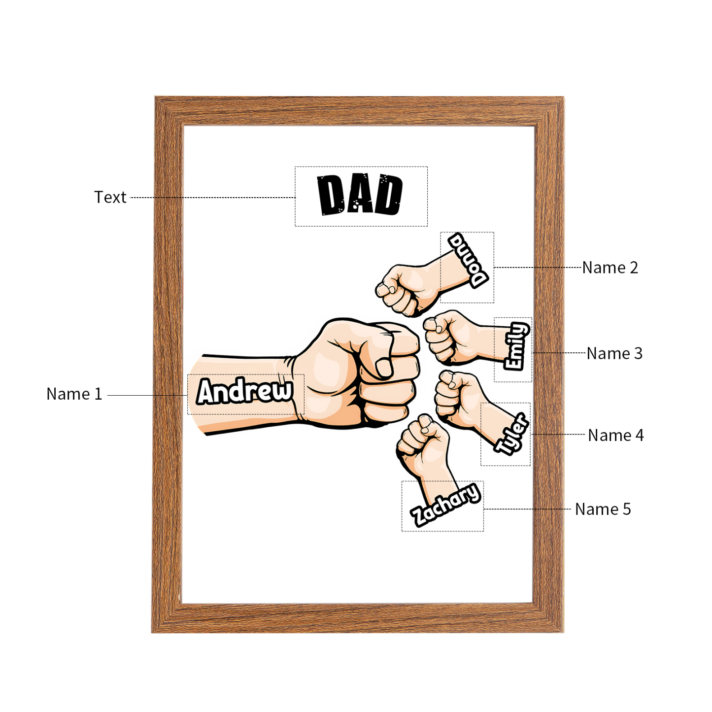 5 Names-Personalized Fist Dad LED Light Wooden Photo Frame -Custom Text & Names, Adjustable 3 Colors