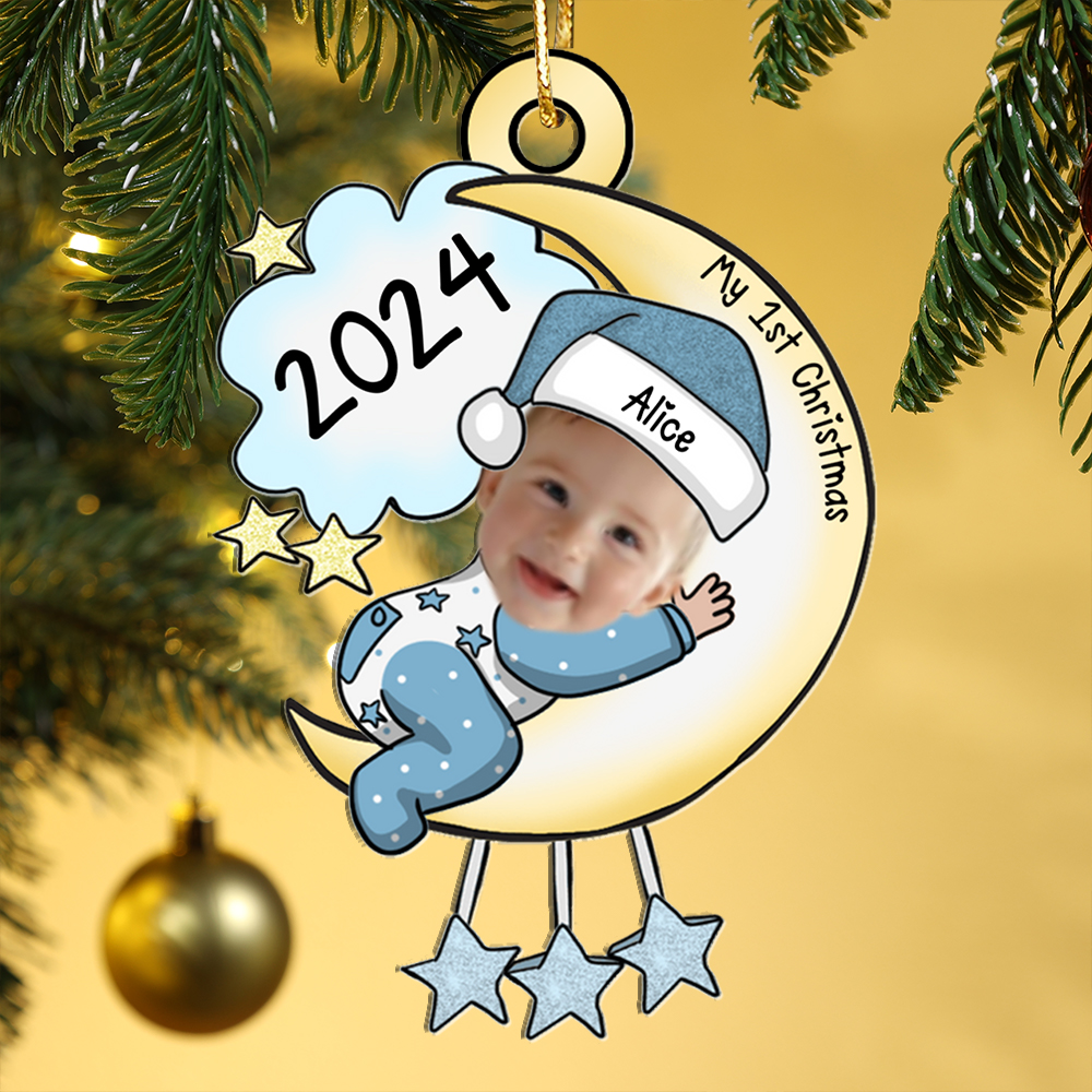 Custom Name Baby’s First Christmas Ornament Personalised Moon and Stars 2024 Keepsake | Jessemade