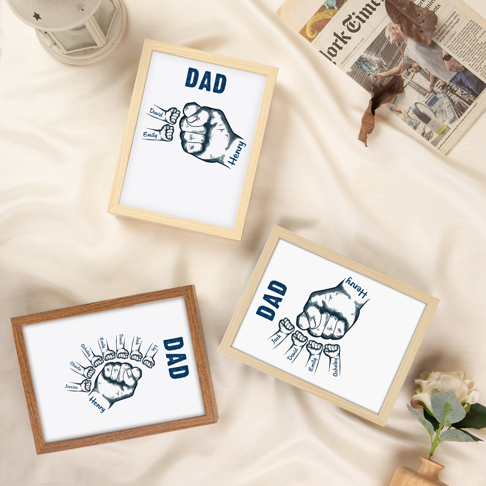 2 Names-Personalized Dad LED Light Fist Wooden Photo Frame -Custom Text & Names, Adjustable 3 Colors