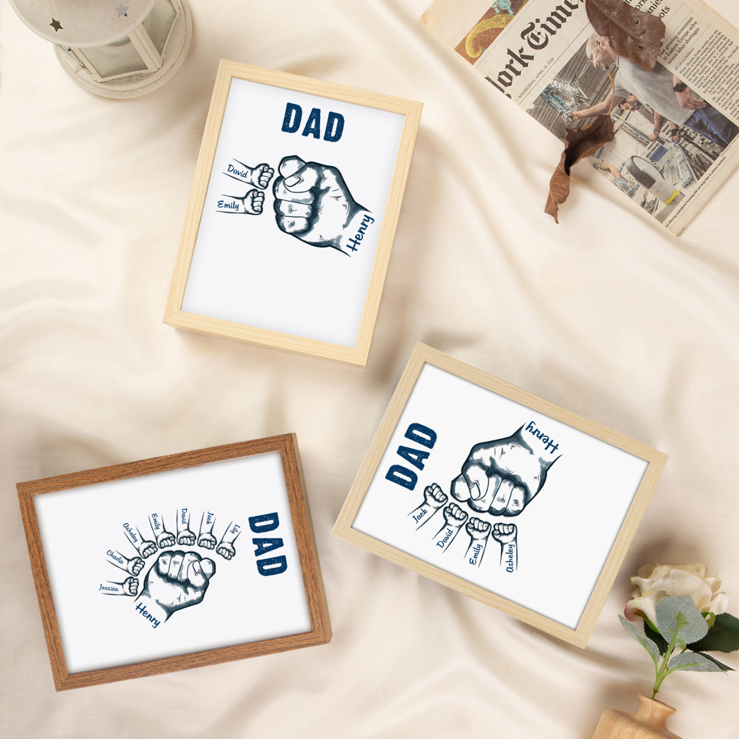 2 Names-Personalized Dad LED Light Fist Wooden Photo Frame -Custom Text & Names, Adjustable 3 Colors