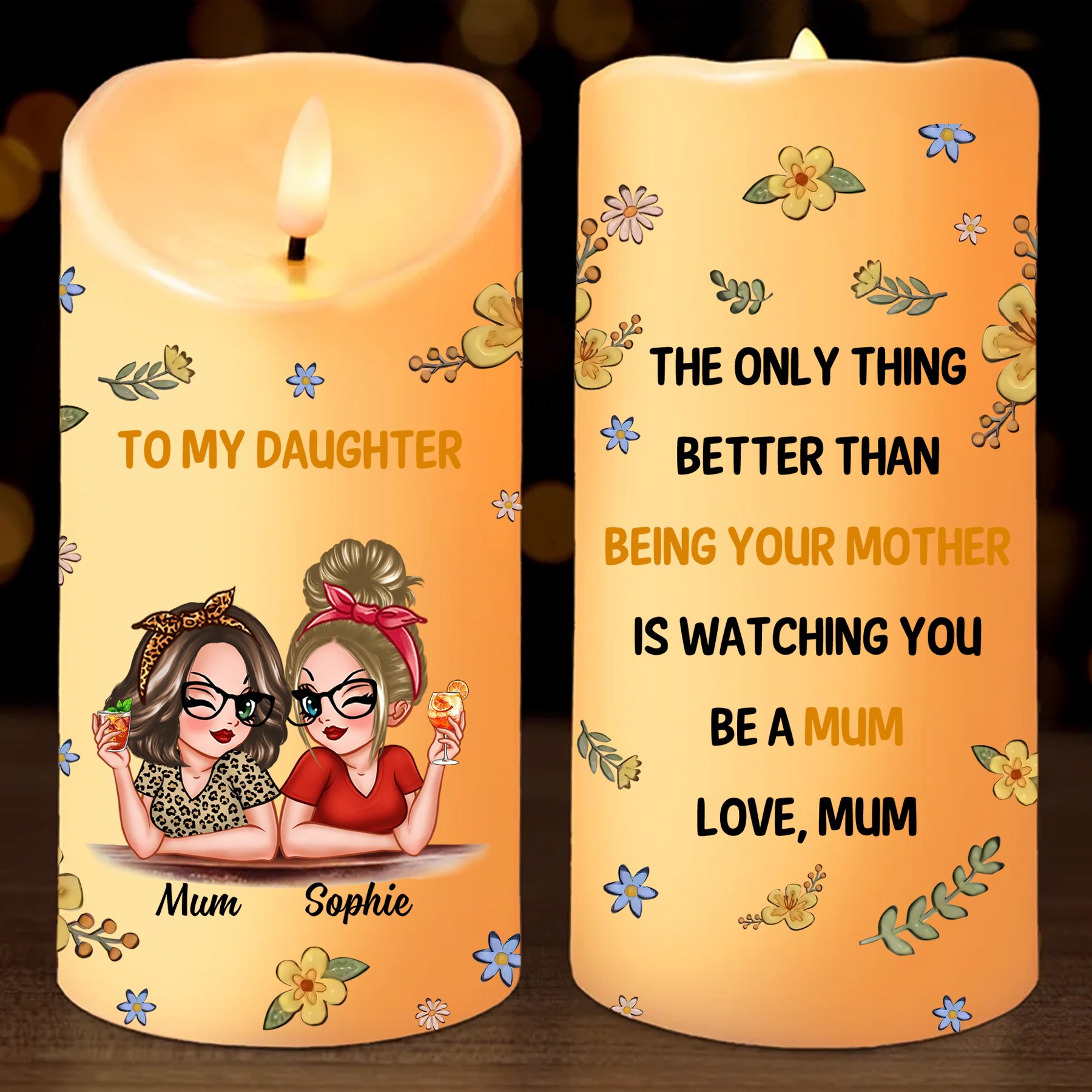 Personalised LED Candle from Mum to Daughter – Custom Names with Heart