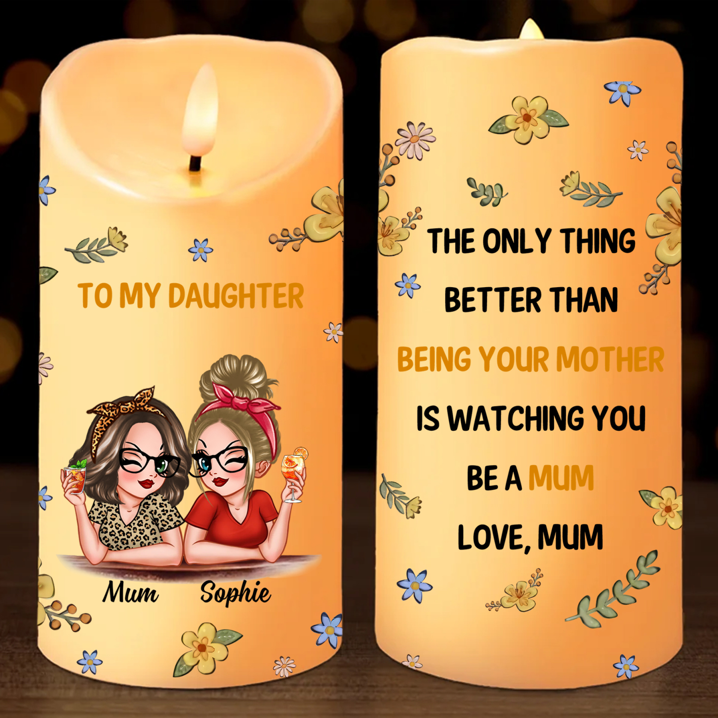 Personalised LED Candle from Mum to Daughter – Custom Names with Heart
