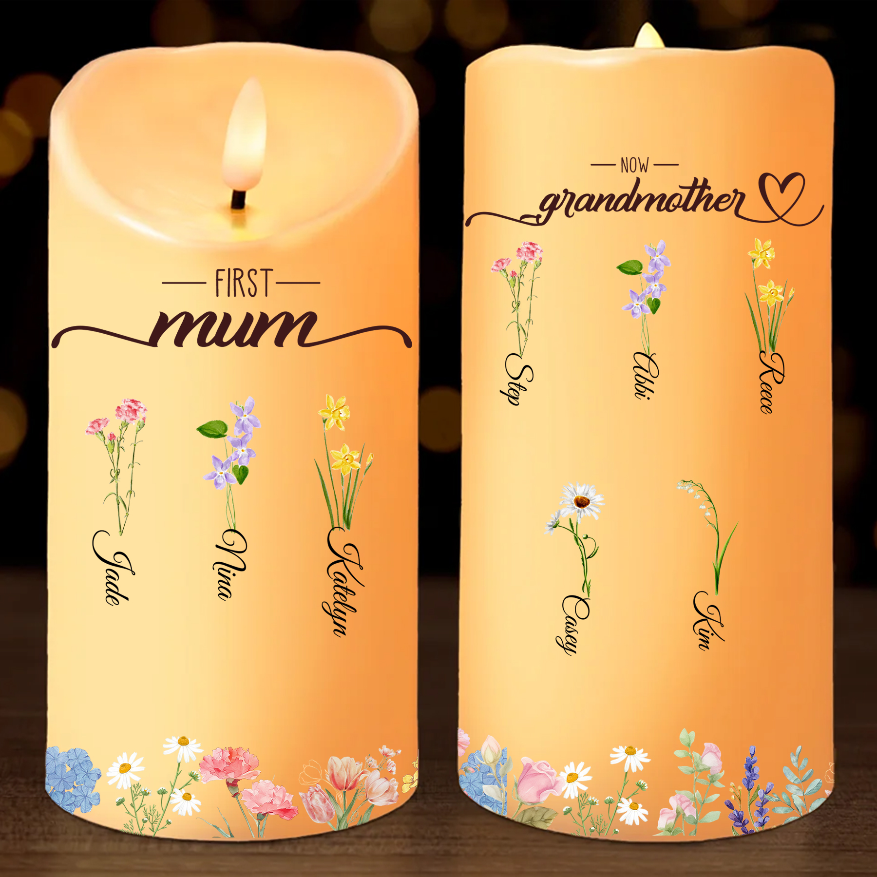 Custom Birth Flower LED Candle – Personalised Gift for Mum or Grandma with Kids’ Names | Jessemade