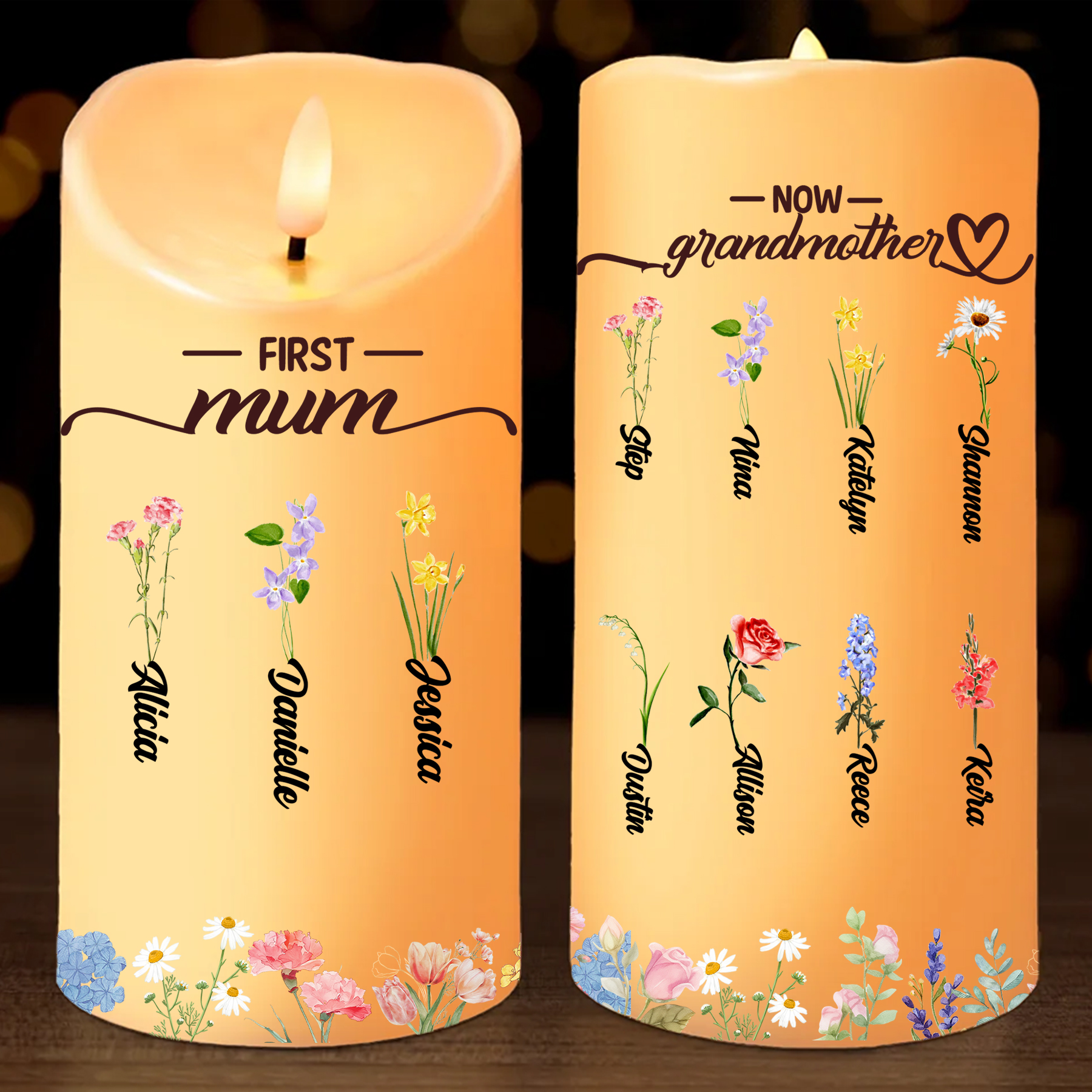 Custom Birth Flower LED Candle – Personalised Gift for Mum or Grandma with Kids’ Names | Jessemade