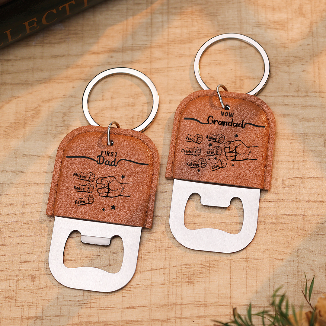 Personalised Leather Keyring with Bottle Opener Featuring 2 to 12 Names and Fist Motif for Grandad